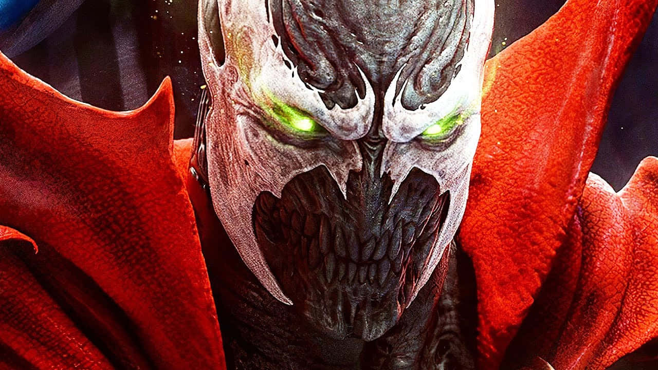 Mortal Kombat 11 Spawn 桌布 壁紙 — 一個帶有發光綠色眼睛和紅色斗篷的威脅性惡魔形象，正強烈地凝視前方。