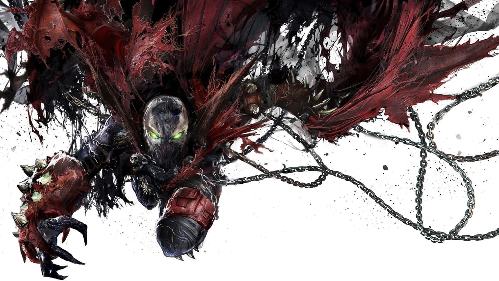 Mortal Kombat 11 Spawn 桌布 壁紙 — 一個帶有發光綠色眼睛和紅色破爛翅膀的威脅性黑暗奇幻生物，用尖刺爪子和鎖鏈向前猛撲。