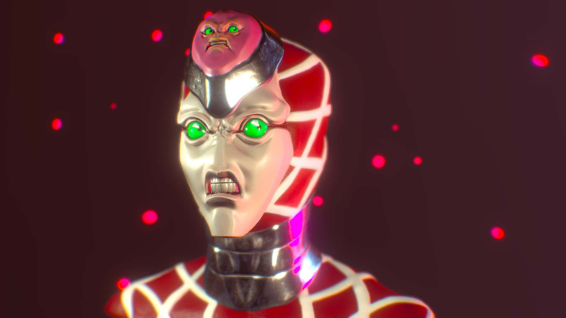 Jojo King Crimson 桌布 壁紙 — 一個帶有發光綠色眼睛和紅色網格圖案的威脅性電子人形，背景為黑暗並有漂浮的粉紅色燈光。