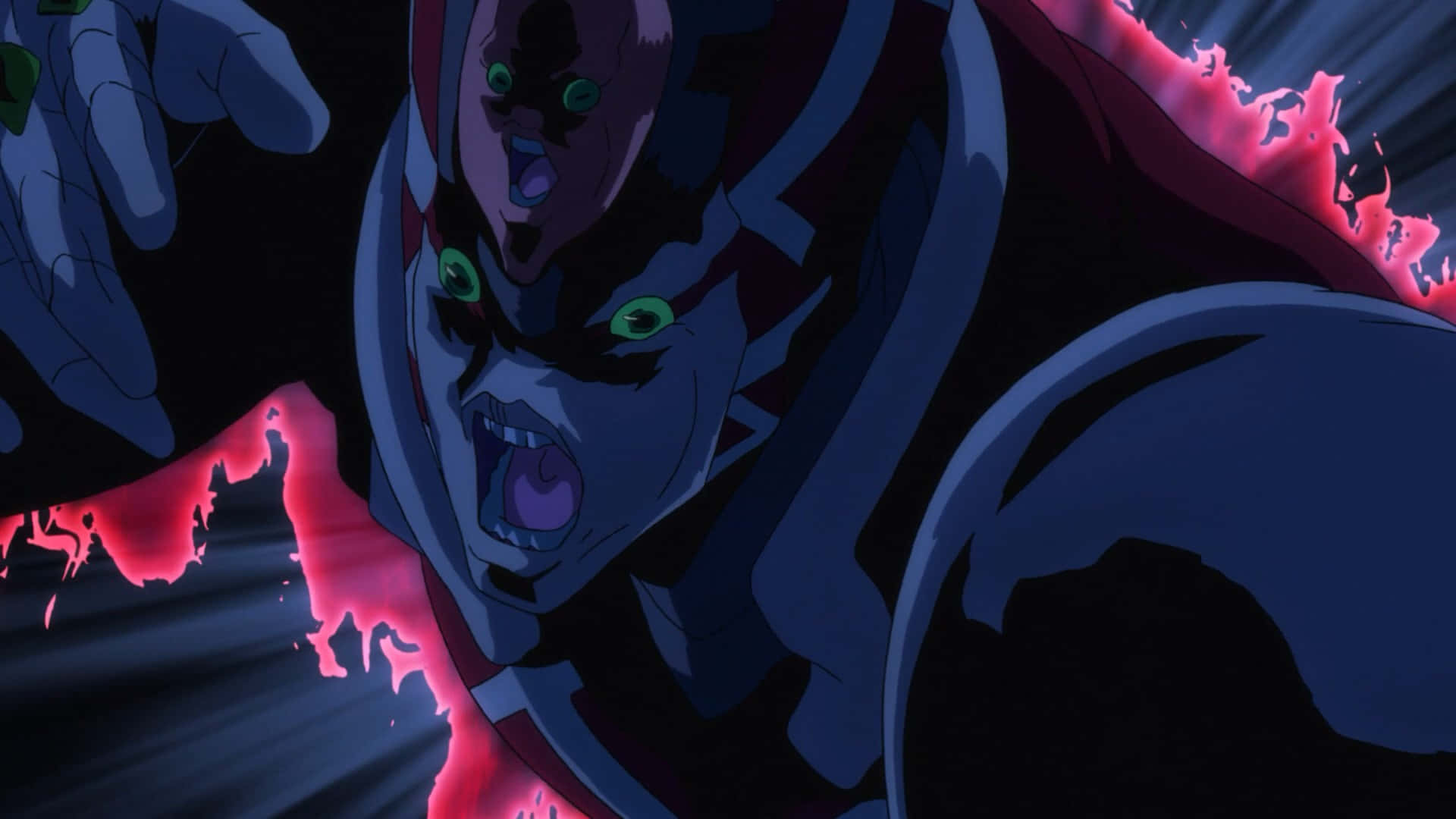 Jojo King Crimson 桌布 壁紙 — 一個帶有發光綠色眼睛和紅色能量爆發的威脅性動漫角色在黑暗場景中咆哮。