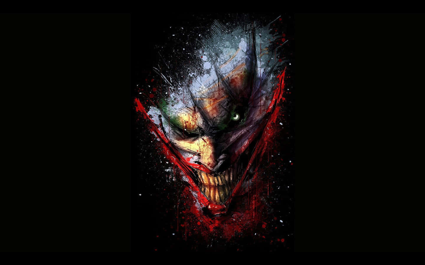 Joker Painting 桌布 壁紙 — 一個帶有發光綠色眼睛和紅色飛濺的威脅性動漫風格頭骨，背景為黑色。