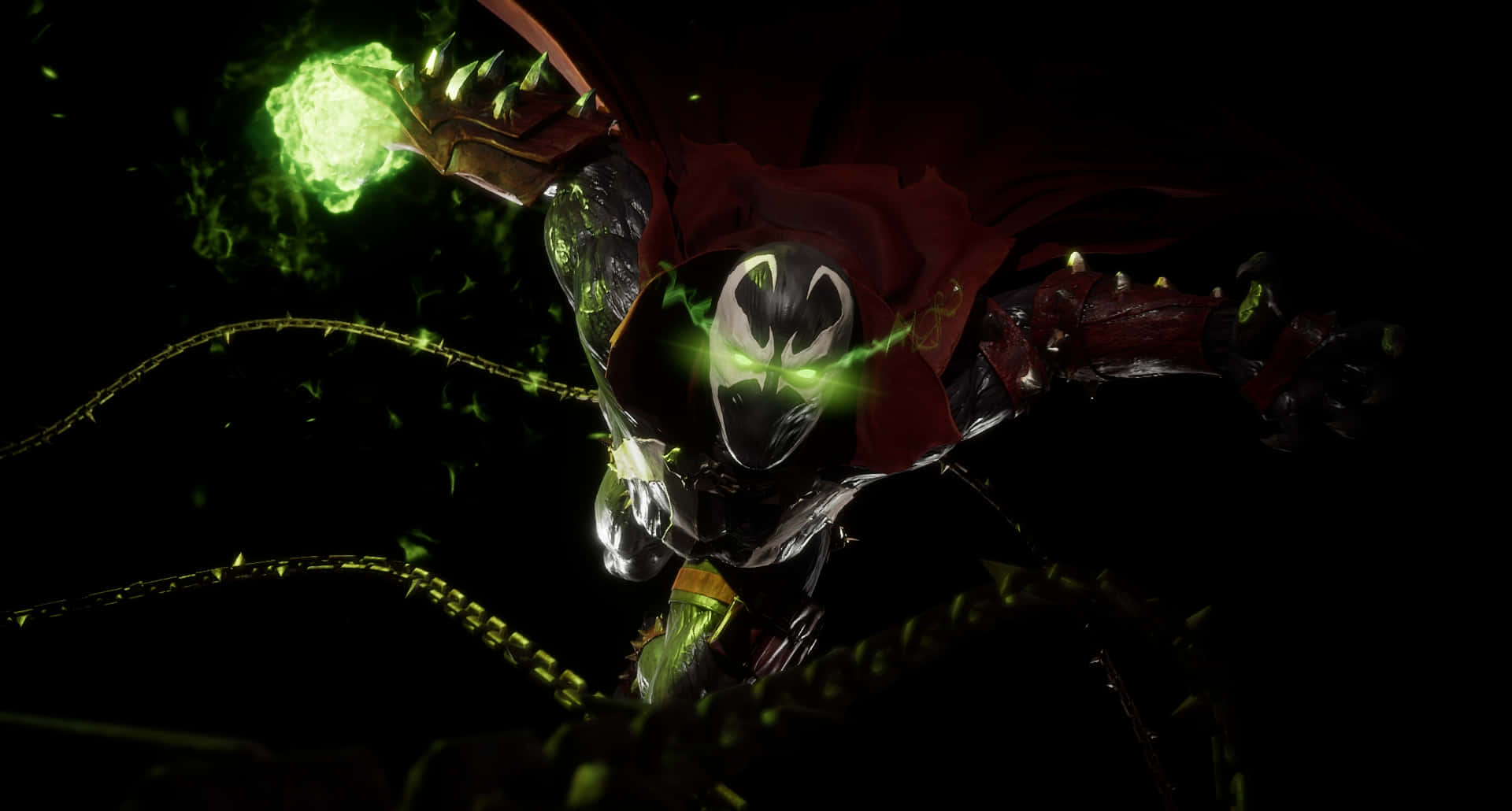 Mortal Kombat 11 Spawn 桌布 壁紙 — 一個帶有發光綠色眼睛和能量爆炸的威脅性裝甲人物，以動態姿勢從黑暗中出現。
