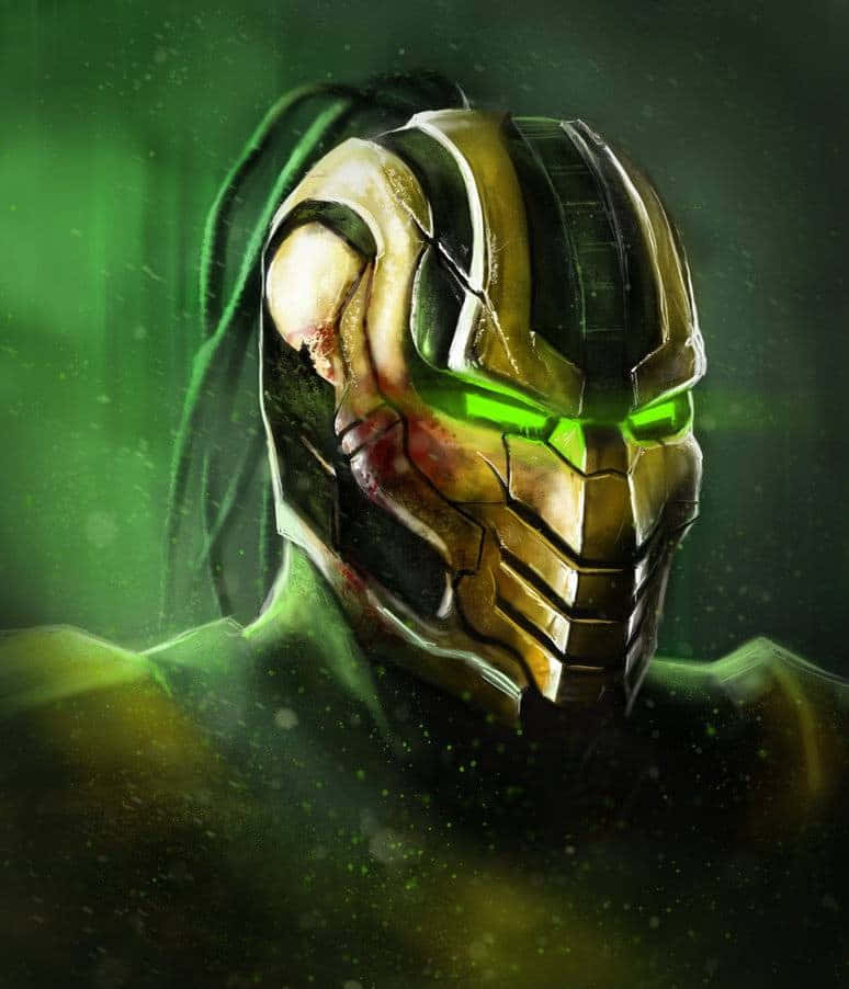 Mortal Kombat Cyrax 桌布 壁紙 — 一個帶有發光綠色眼睛和血跡斑斑臉孔的威脅性裝甲戰士從深綠色迷霧中出現。