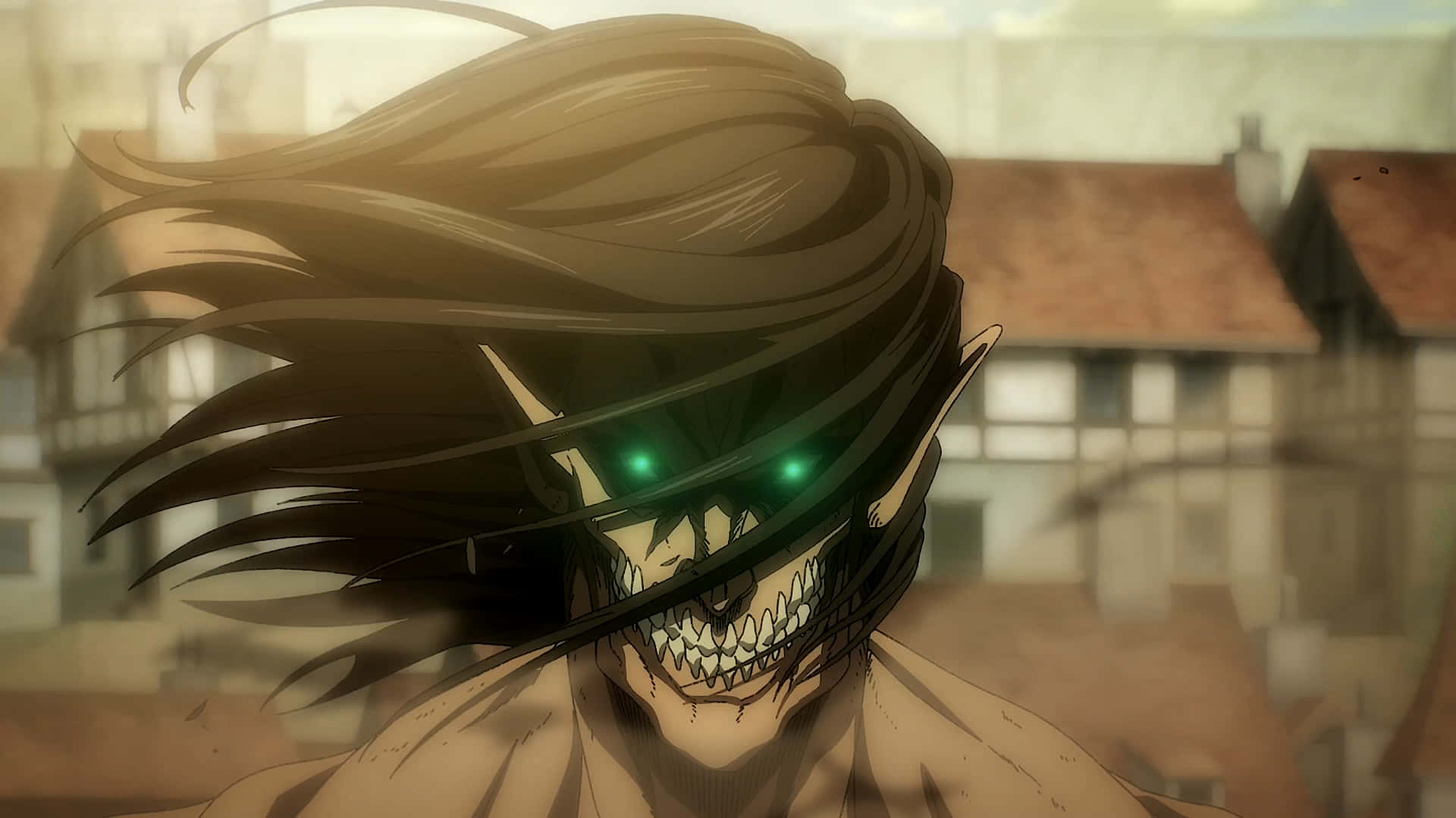 Attack On Titan The Final Season 桌布 壁紙 — 一個帶有發光綠色眼睛和隨風飄逸頭髮的威嚇性動漫巨人，聳立在模糊的歐洲村莊之上。