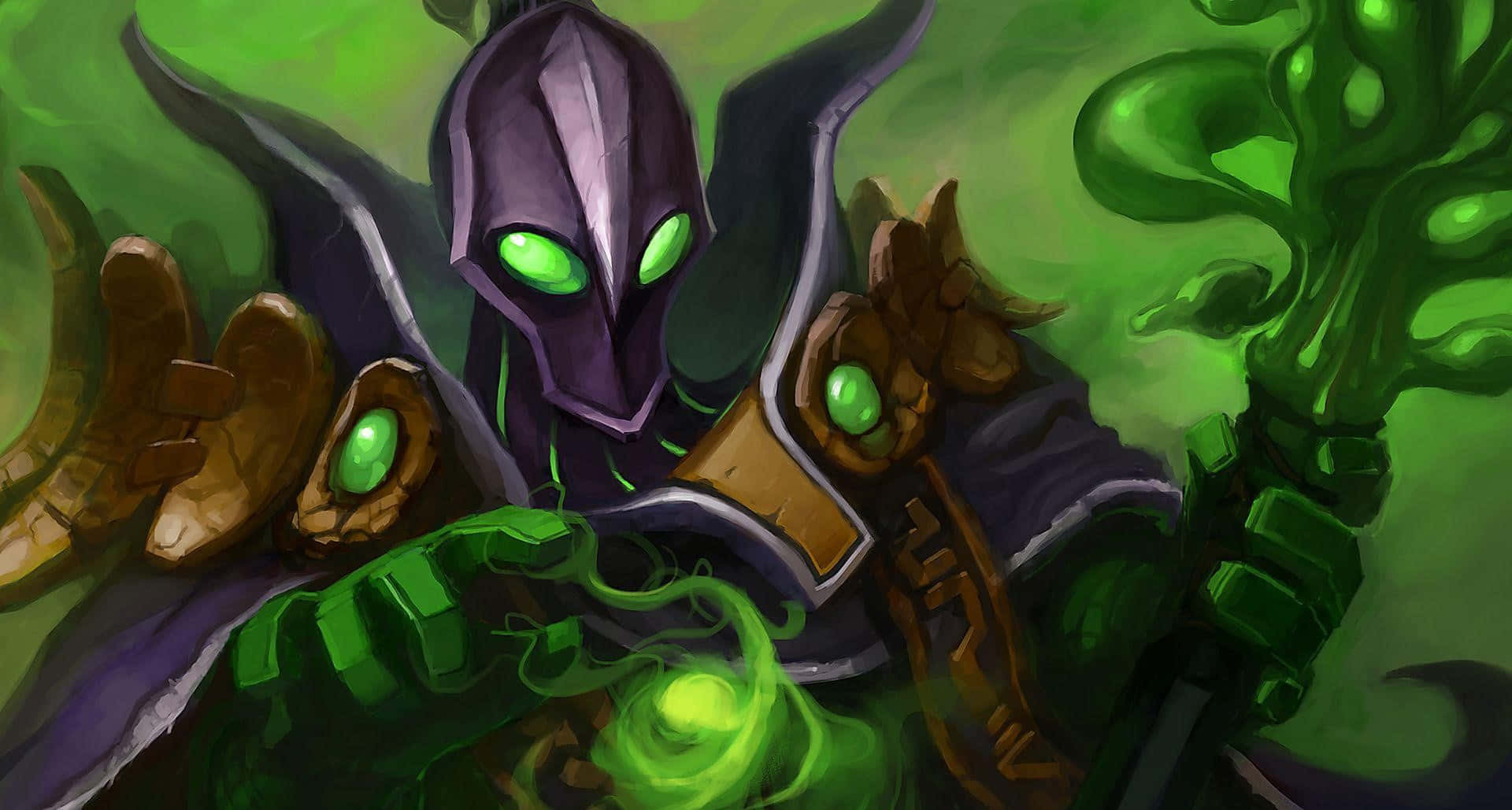 Rubick 桌布 壁紙 — 一個帶有發光綠色眼睛和雙手的威脅性紫色裝甲人物，在充滿活力的綠色背景下引導旋轉的綠色魔法能量。