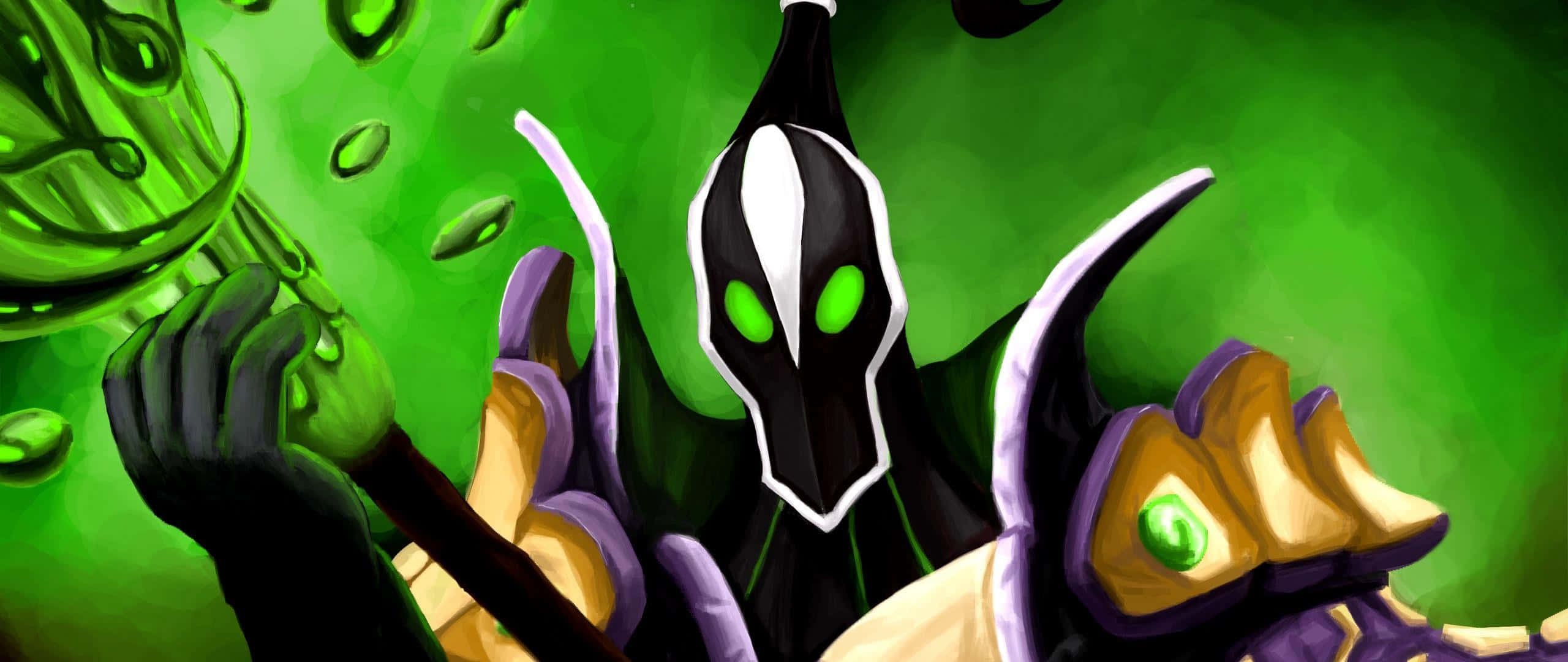 Rubick 桌布 壁紙 — 一個帶有發光綠色眼睛的威脅性黑白面具人物，在充滿活力的綠色背景前拿著冒泡的綠色藥水。