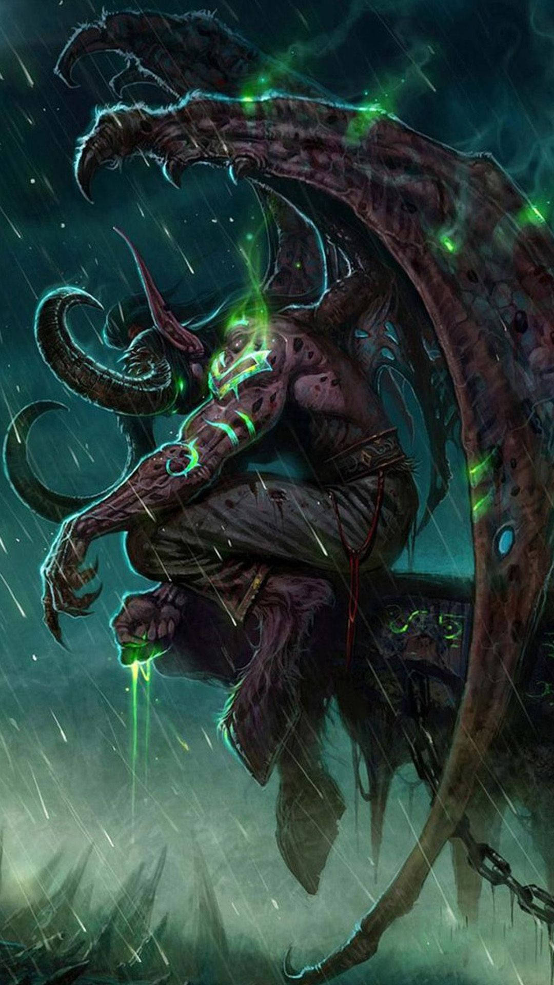 遊戲 桌布 壁紙 — 一個帶有發光綠色符文和巨大翅膀的怪物惡魔形象，站在暴風雨的夜晚，雨水劃破深藍綠色的氛圍。
