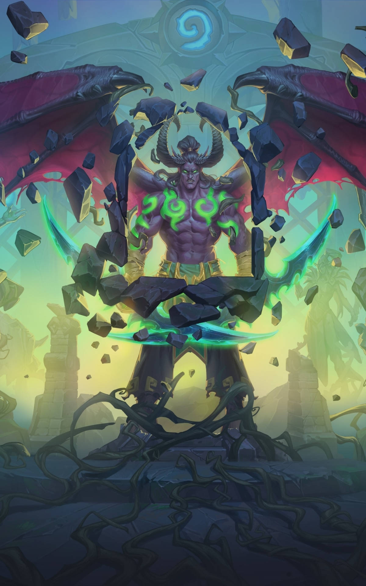遊戲 桌布 壁紙 — 一個帶有發光綠色符文和紅色翅膀的惡魔形象，在幻想廢墟中衝破一個 crumbling 的石拱門。