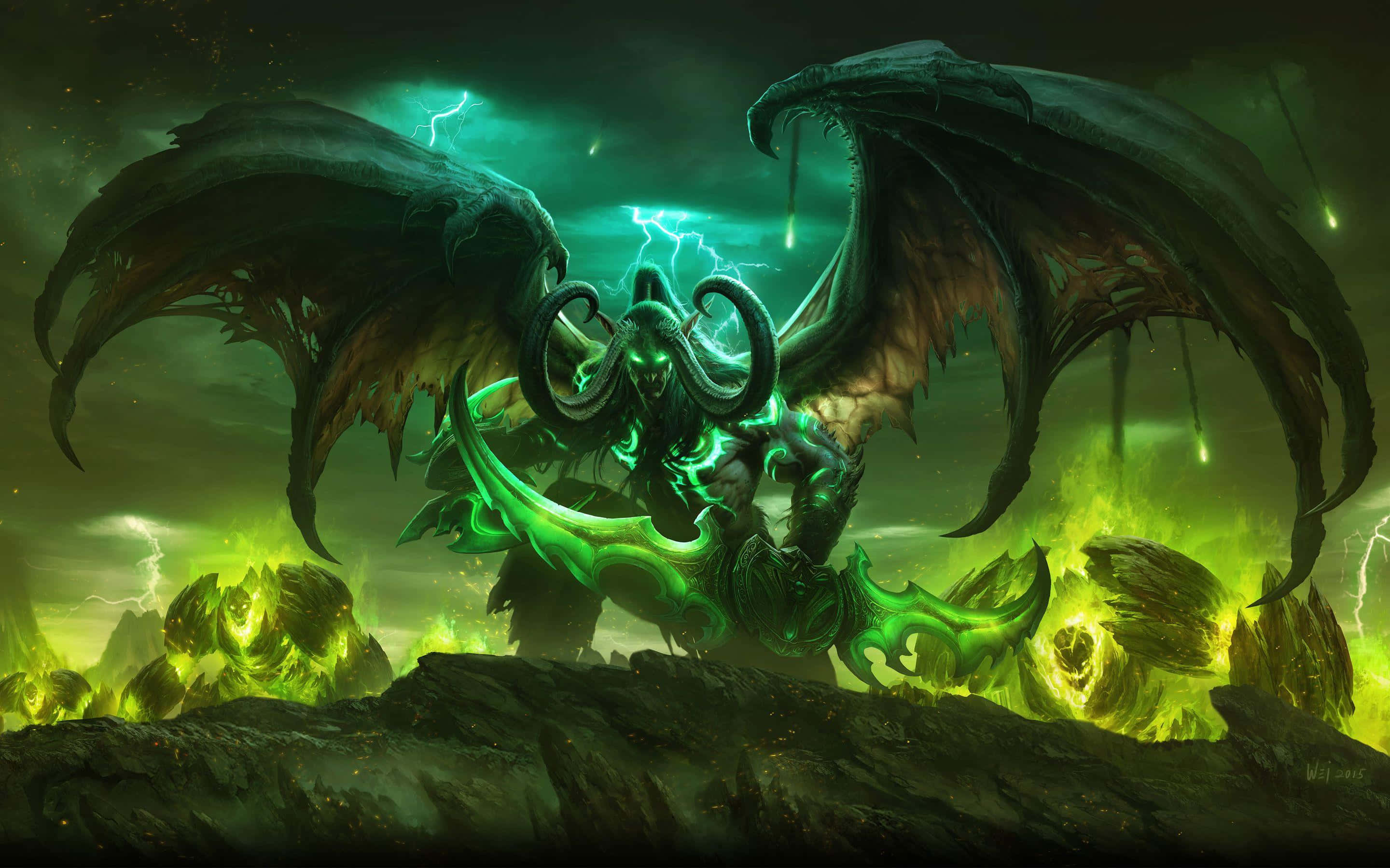 Legion Commander 桌布 壁紙 — 一個帶有發光綠色翅膀和角的惡魔般的人物，站在風雨交加、閃電密布的景觀中的岩石露頭上。