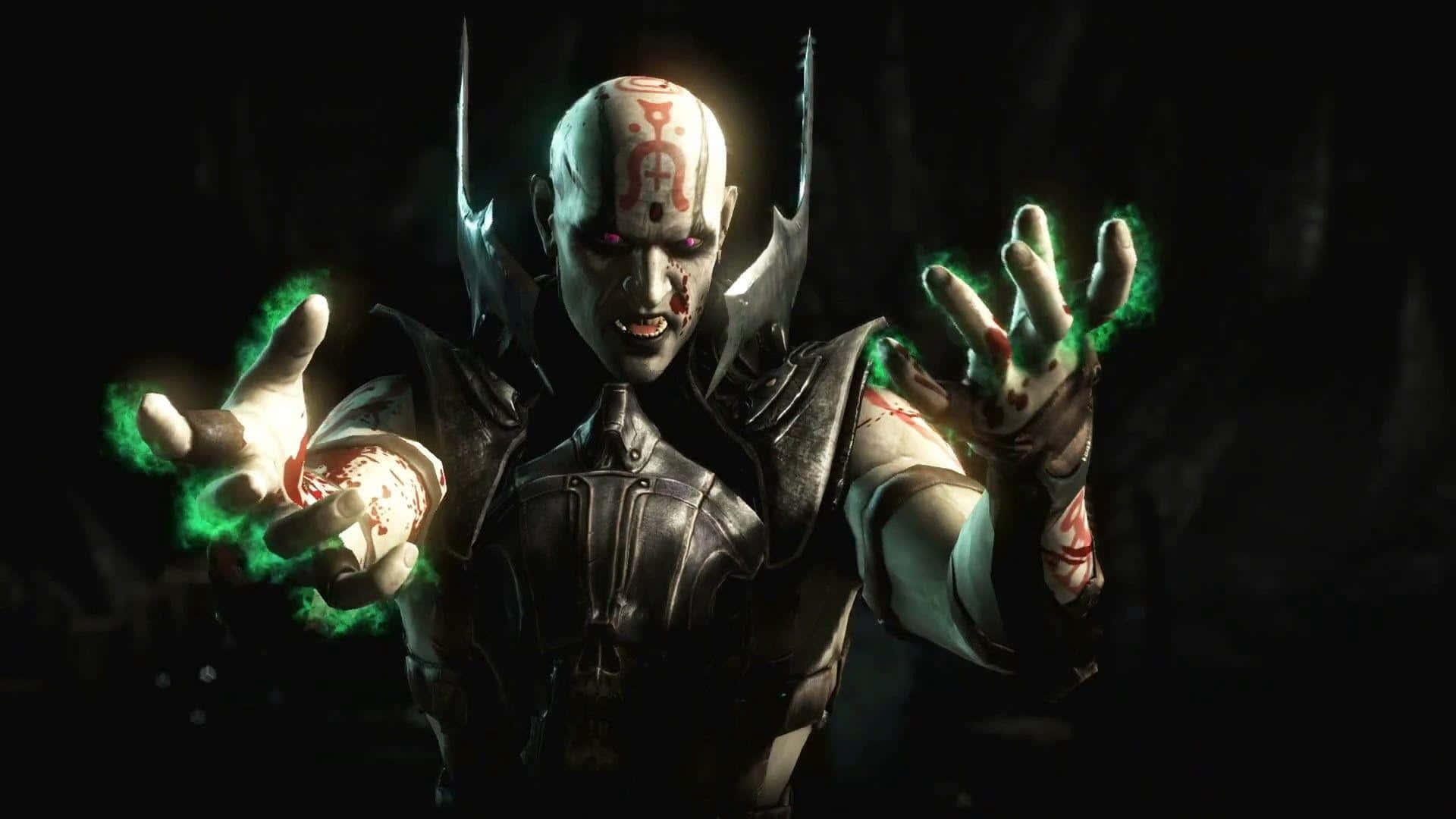 Mortal Kombat X 桌布 壁紙 — 一個帶有發光綠色能量和手上沾血的威脅性黑暗奇幻戰士，處於陰影環境中。