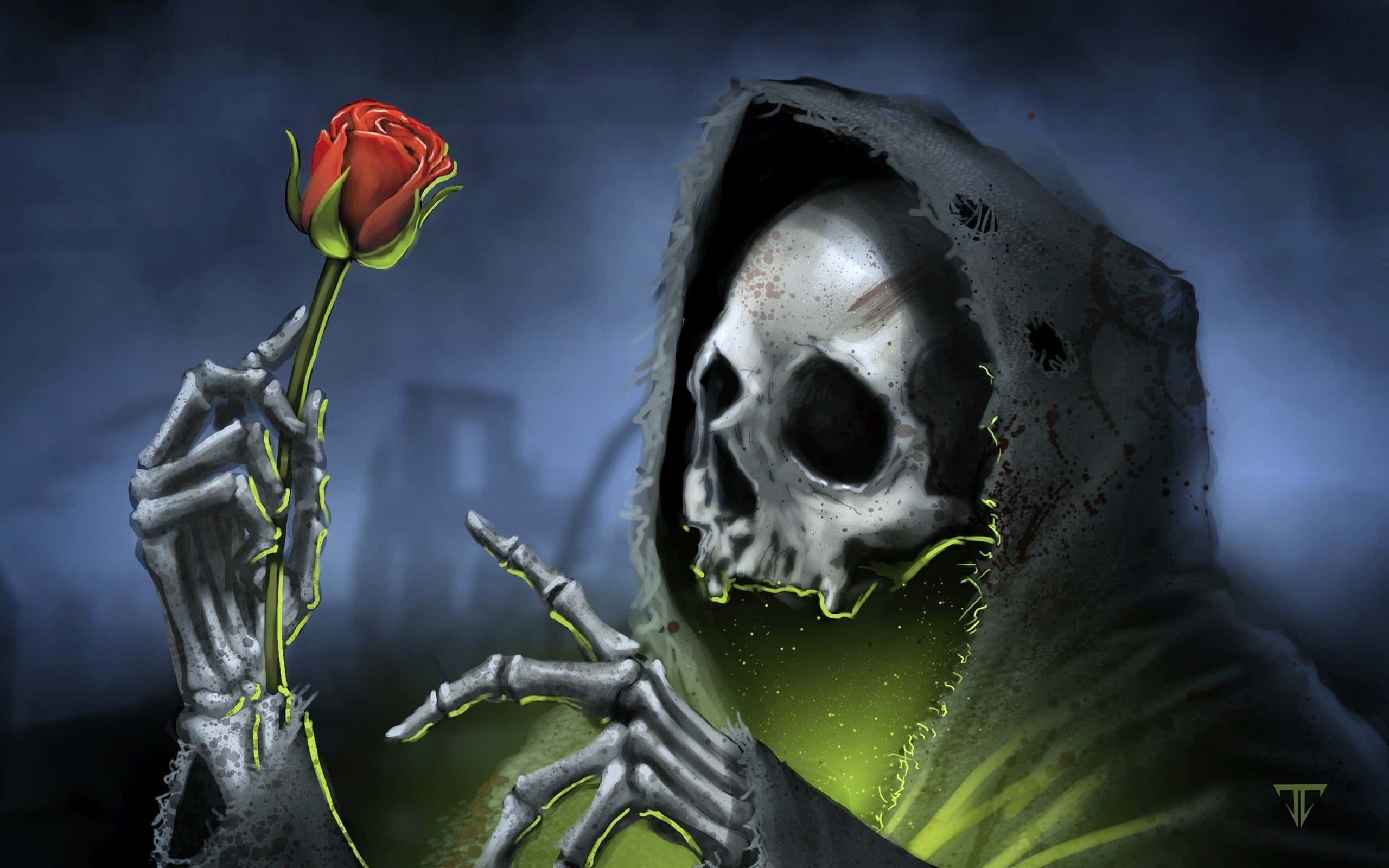 死神 桌布 壁紙 — 一個帶有發光綠色輪廓的死神，在黑暗迷霧背景下手持一朵鮮紅玫瑰。