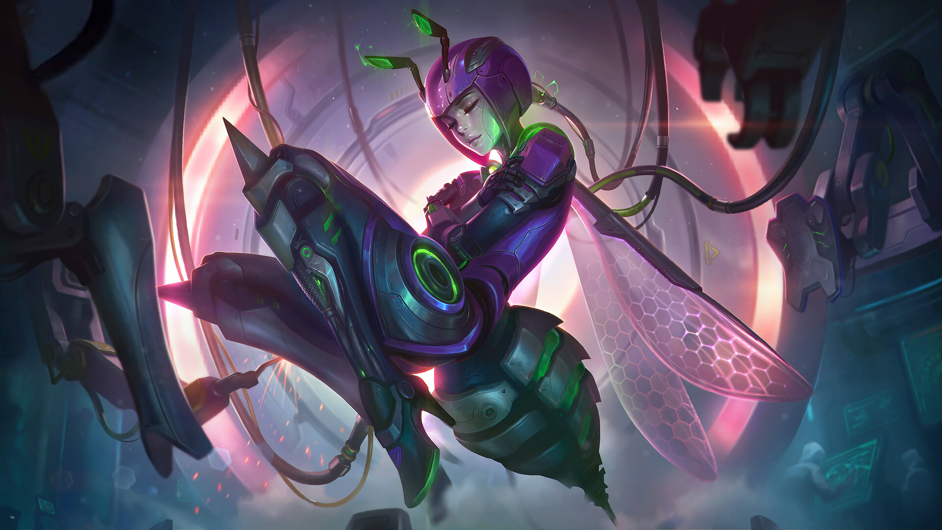 Mobile Legends 桌布 壁紙 — 一個帶有發光綠色點綴和半透明翅膀的機械黃蜂戰士，懸浮在未來科幻場景中。