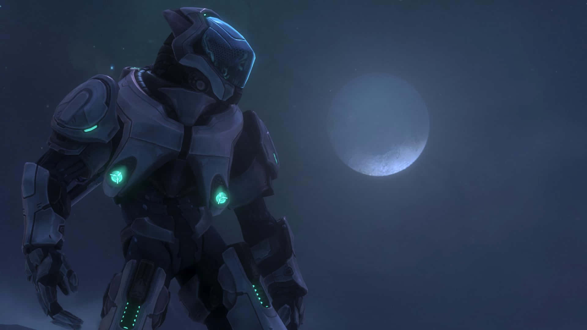 Sangheili 桌布 壁紙 — 一個帶有發光綠色點綴的未來風格裝甲人物，站在黑暗外星天空下一個巨大的蒼白月亮之下。