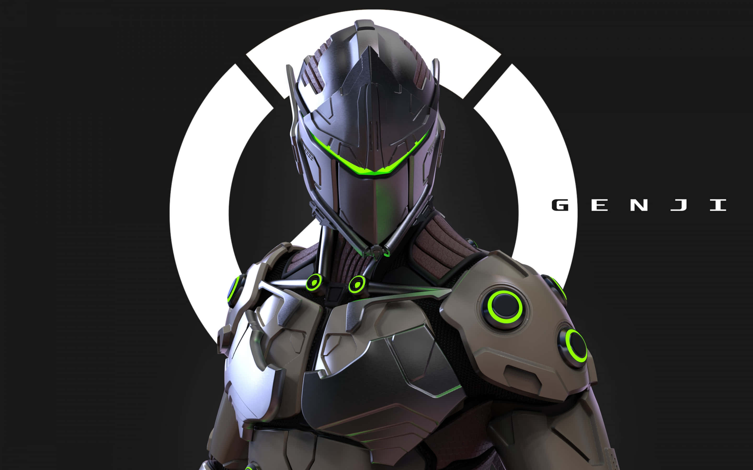 Overwatch Genji 桌布 壁紙 — 一個帶有發光綠色點綴的未來風格裝甲戰士，站在黑暗背景前的白色圓形標誌前。