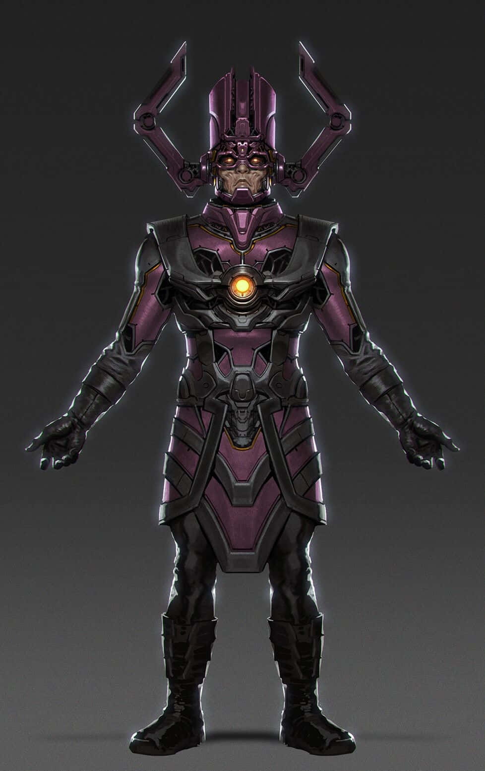 Galactus 桌布 壁紙 — 一個帶有發光胸部徽章的紫色和黑色裝甲威脅人物站在深色漸變背景前。