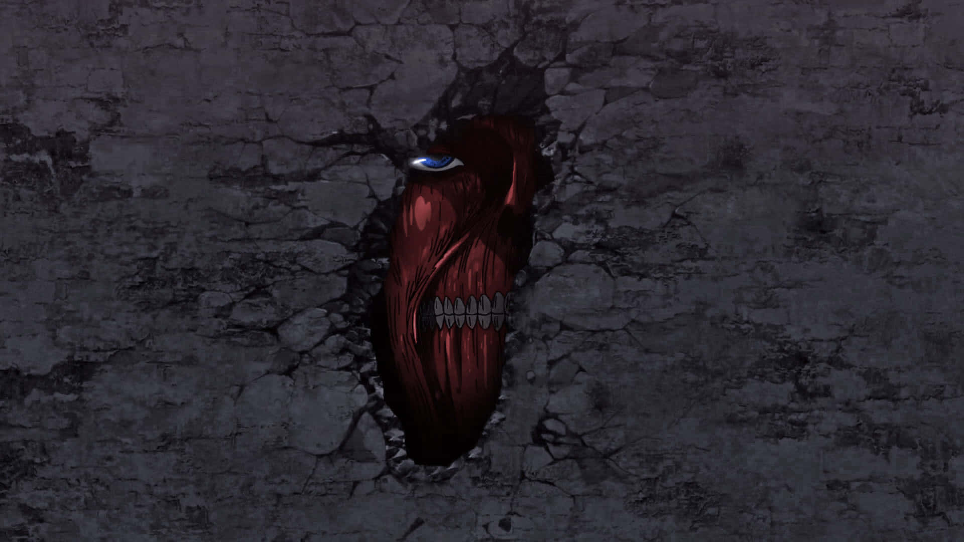 Beast Titan 桌布 壁紙 — 一個帶有發光藍眼的威脅性紅色泰坦衝破裂開的灰色混凝土牆。