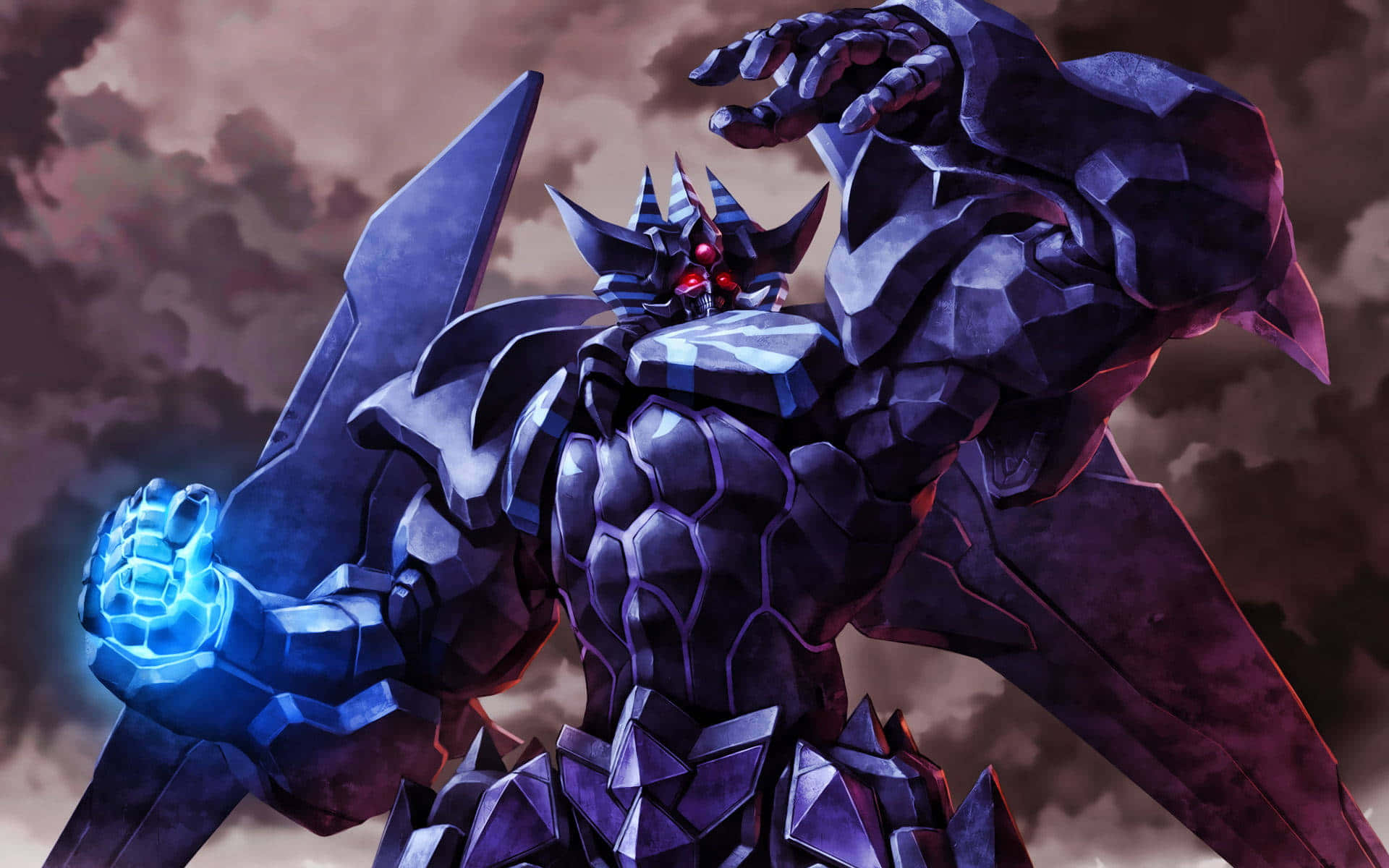 Obelisk The Tormentor 桌布 壁紙 — 一個帶有發光藍色拳頭的威脅性深紫色裝甲機械人，站在暴風雨的天空下。