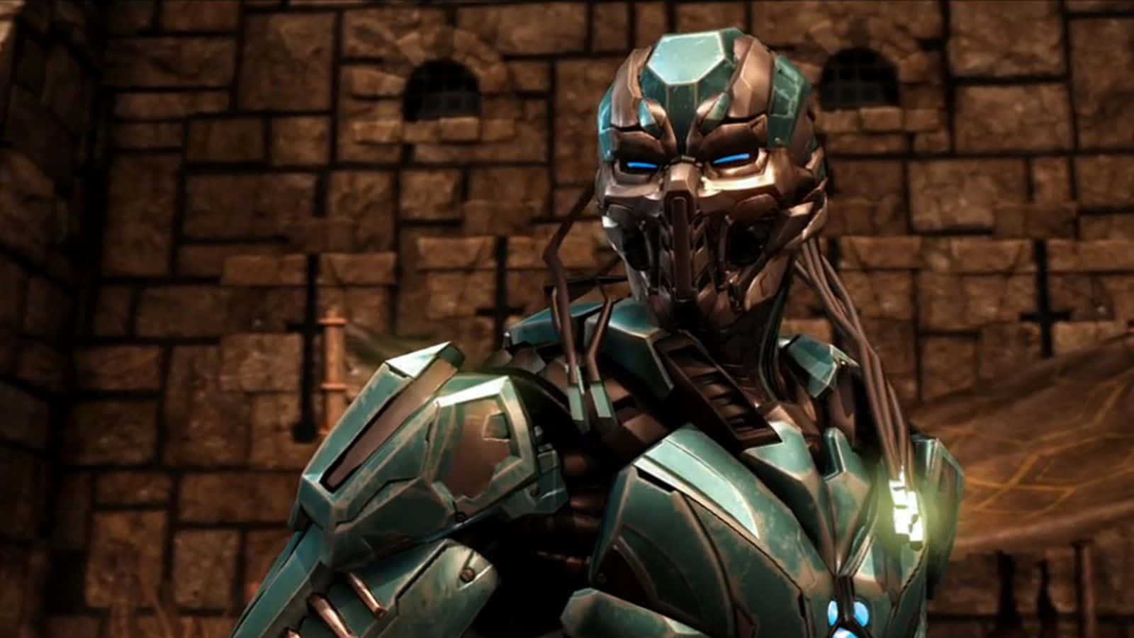 Mortal Kombat Triborg 桌布 壁紙 — 一個帶有發光藍色眼睛的威脅性裝甲戰士站在昏暗的石頭地牢中。