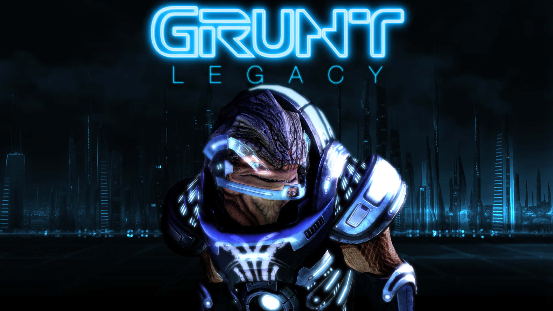 Mass Effect Grunt 桌布 壁紙 — 一個帶有發光藍色裝飾的威脅性裝甲外星戰士，站在黑暗天空下的未來城市景觀中。