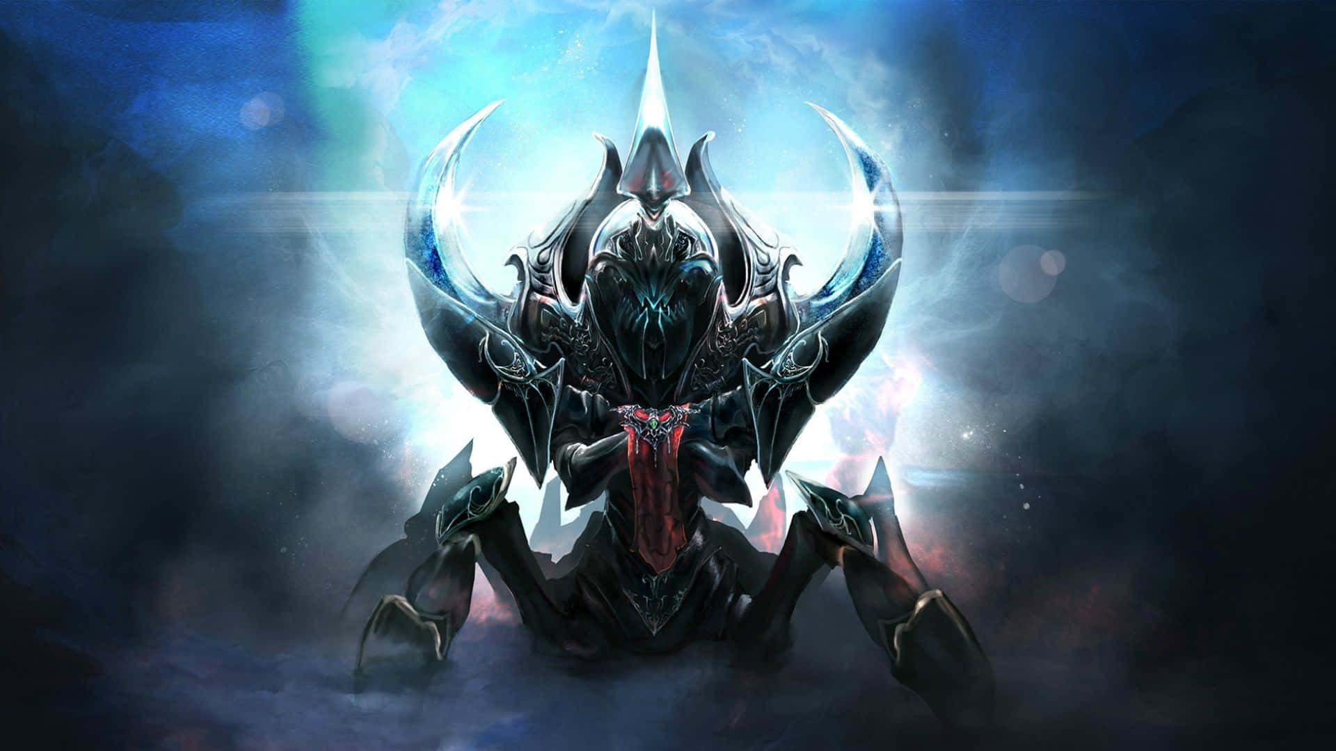 Dota 2 Heroes 桌布 壁紙 — 一個帶有發光藍色角和紅色胸甲的威脅性裝甲惡魔從烏雲中出現，背景是燦爛的宇宙。