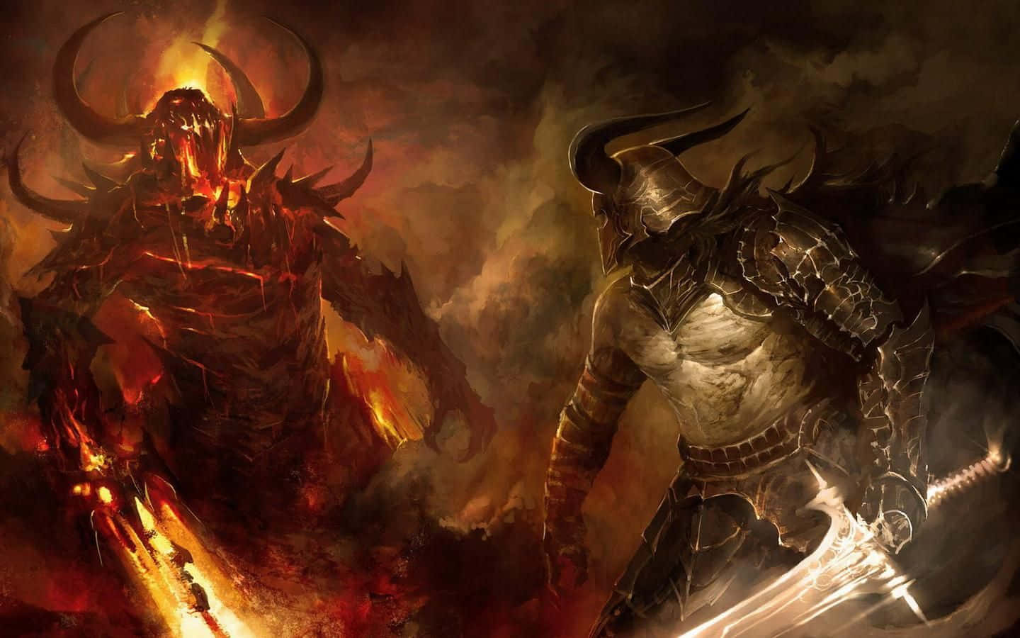 Demon Fighting 桌布 壁紙 — 一個帶有發光角的火熱惡魔實體在煙霧彌漫的地獄戰場上與一個手持發光劍的黑暗裝甲戰士對峙。