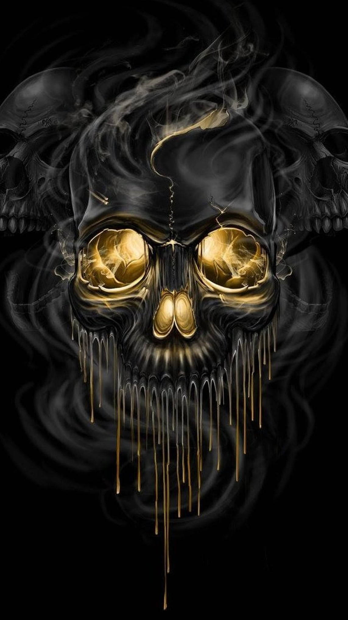 骷髏 桌布 壁紙 — 一個帶有發光金色眼睛和滴落金色液體的兇惡黑色骷髏頭，背景是黑暗煙霧彌漫。