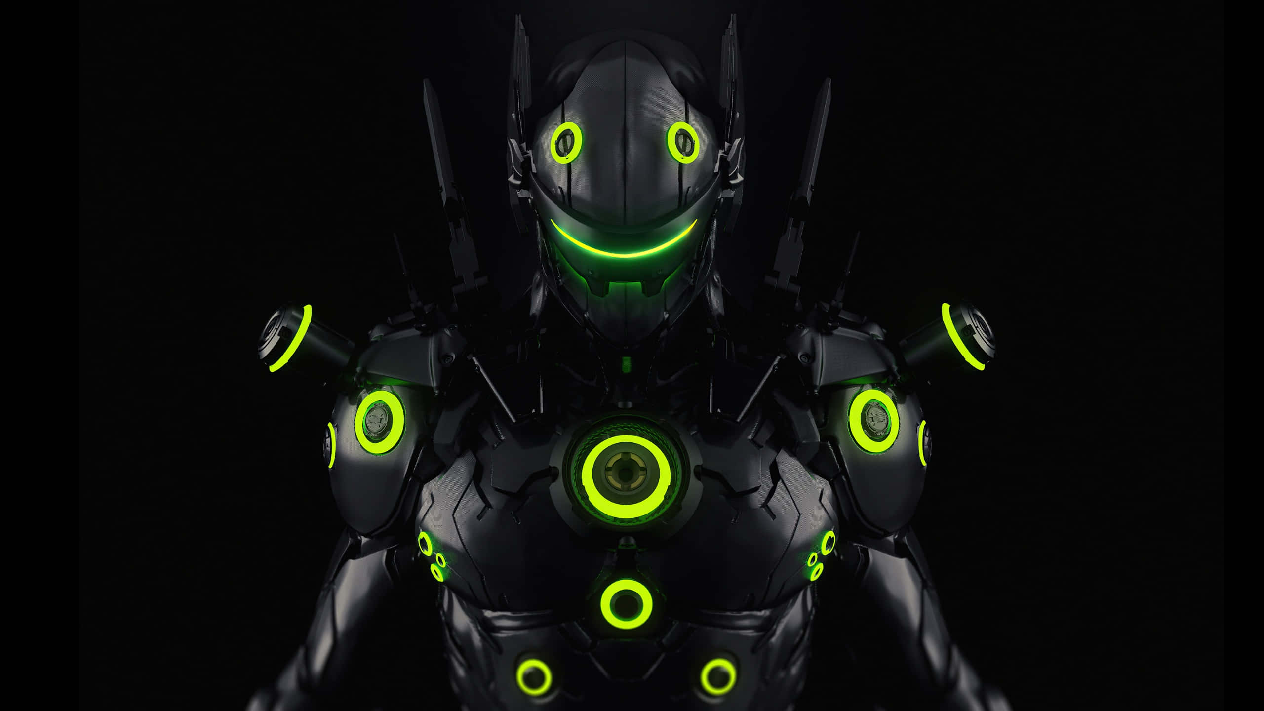 Overwatch Genji 桌布 壁紙 — 一個帶有發光霓虹綠色圓形燈光的黑色裝甲機械人，在黑暗背景下顯得威嚇。
