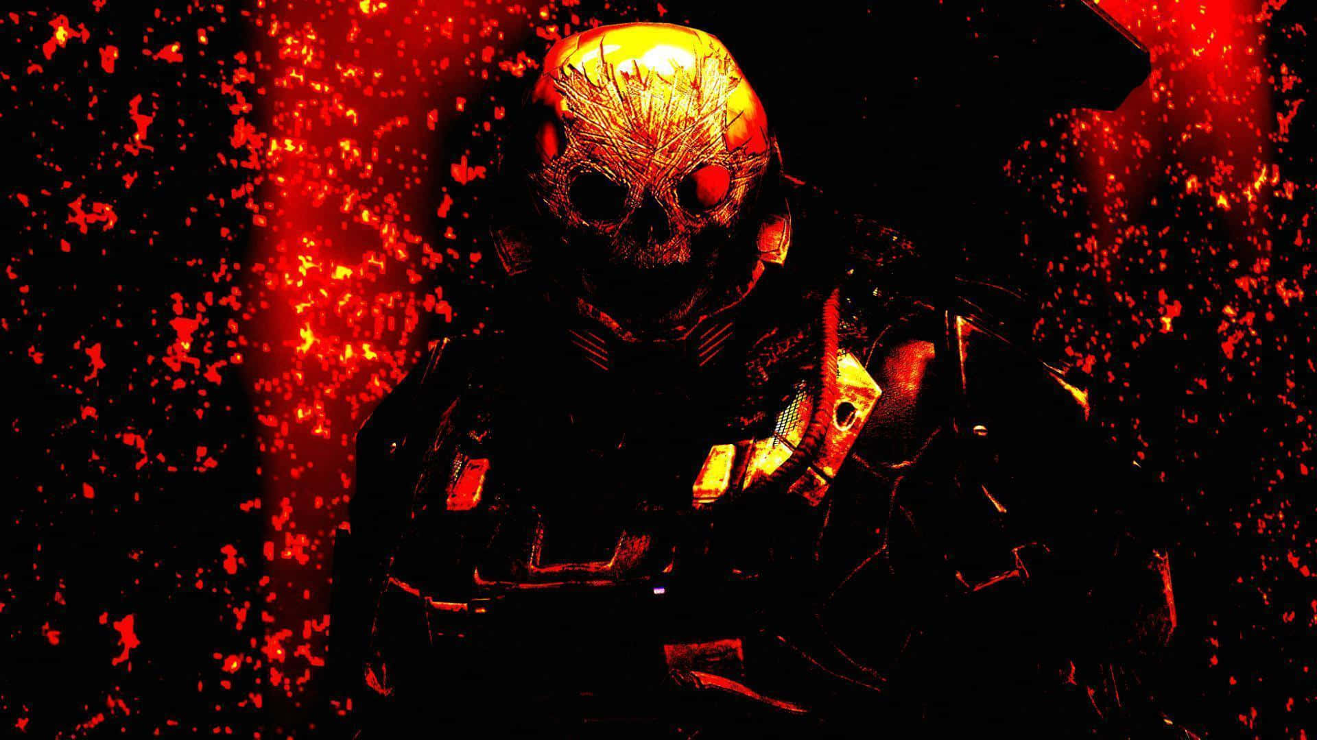 Halo Emile 桌布 壁紙 — 一個帶有發光骷髏頭盔的威脅性裝甲人物站在熾熱的紅色虛空中，周圍環繞著餘燼和黑暗。
