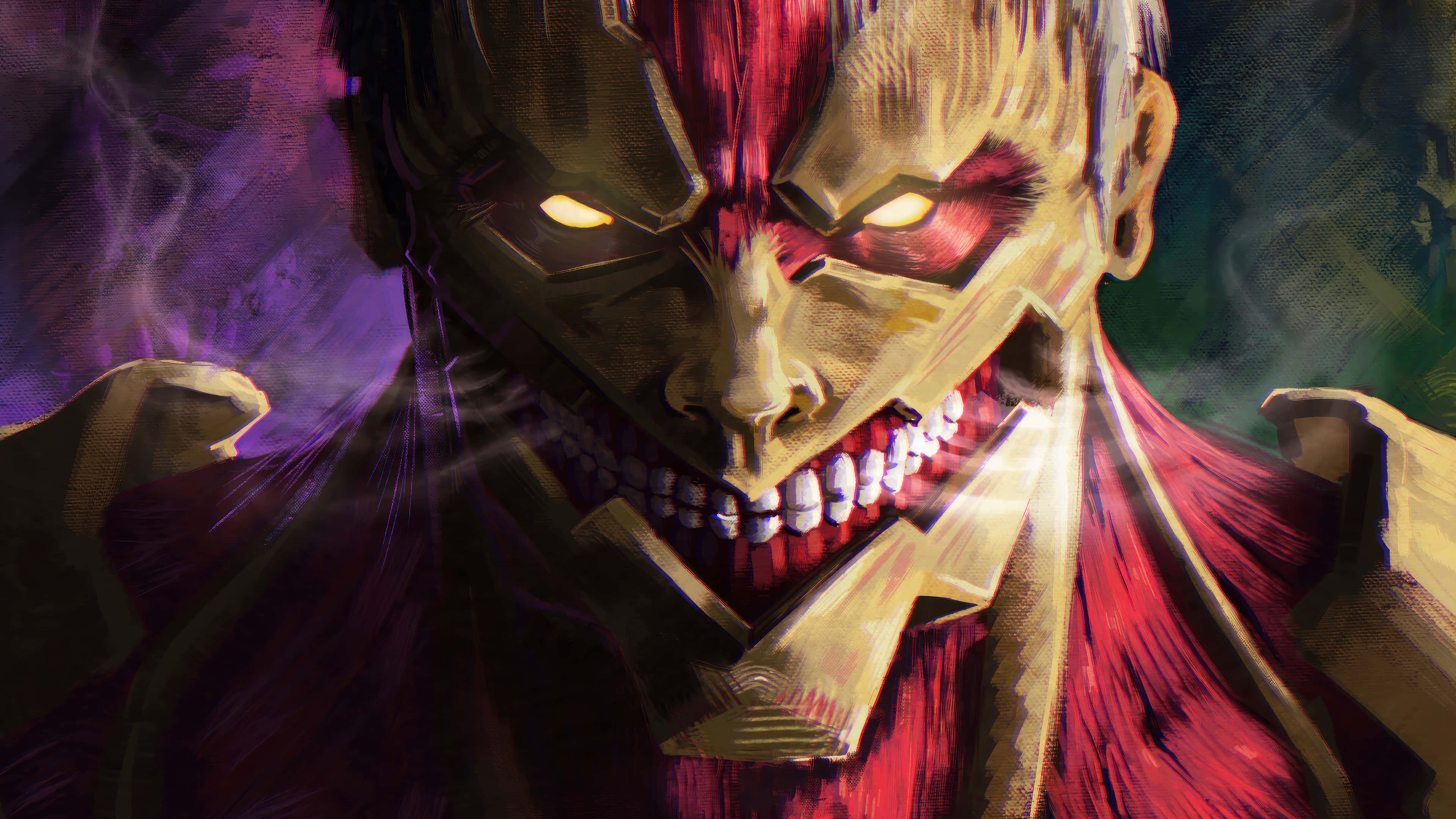 Armored Titan 桌布 壁紙 — 一個帶有發光黃色眼睛和咧嘴露齒笑容的威脅性動漫巨人，背景是煙霧彌漫的紫色和綠色。