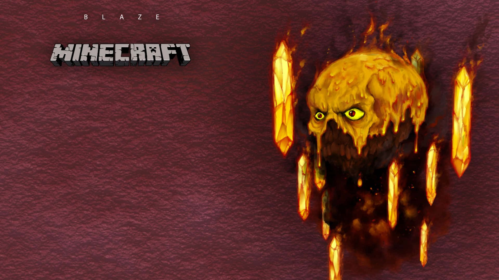 Minecraft Blaze 桌布 壁紙 — 一個帶有發光黃色眼睛和熾熱橙色水晶的威脅性 Minecraft 烈焰使者，在深酒紅色紋理背景中出現。