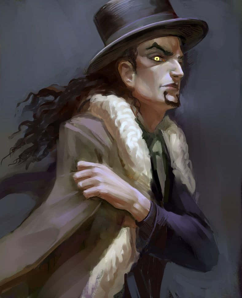 Rob Lucci 桌布 壁紙 — 一個帶有發光黃色眼睛和長黑髮的威脅性男子，戴著高頂帽和毛皮襯裡大衣，背景為深灰色。