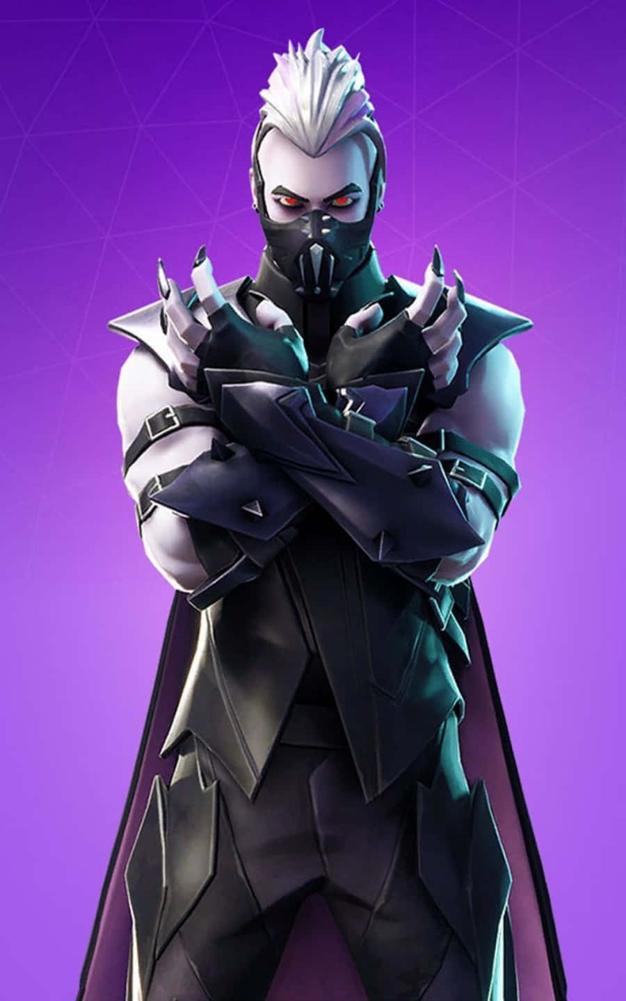 Fortnite Skins Battle Royale 桌布 壁紙 — 一個帶有白色尖刺頭髮和發光紅眼的威脅性 Fortnite 角色，雙臂交叉站在紫色幾何背景前。