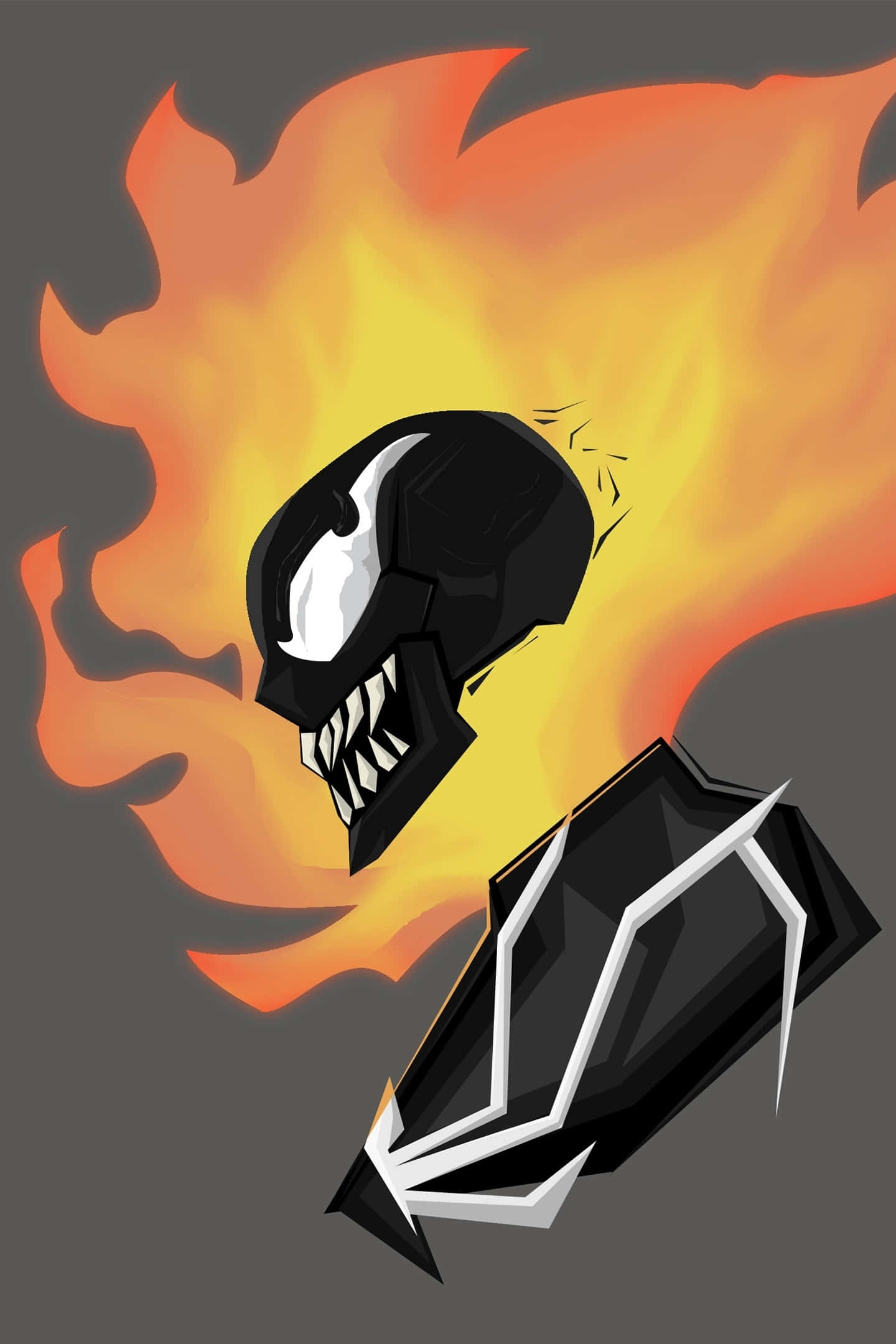Venomverse 桌布 壁紙 — 一個帶有白色眼睛和尖牙的威脅性黑色共生體頭部，從深灰色背景的火焰中爆發出來。