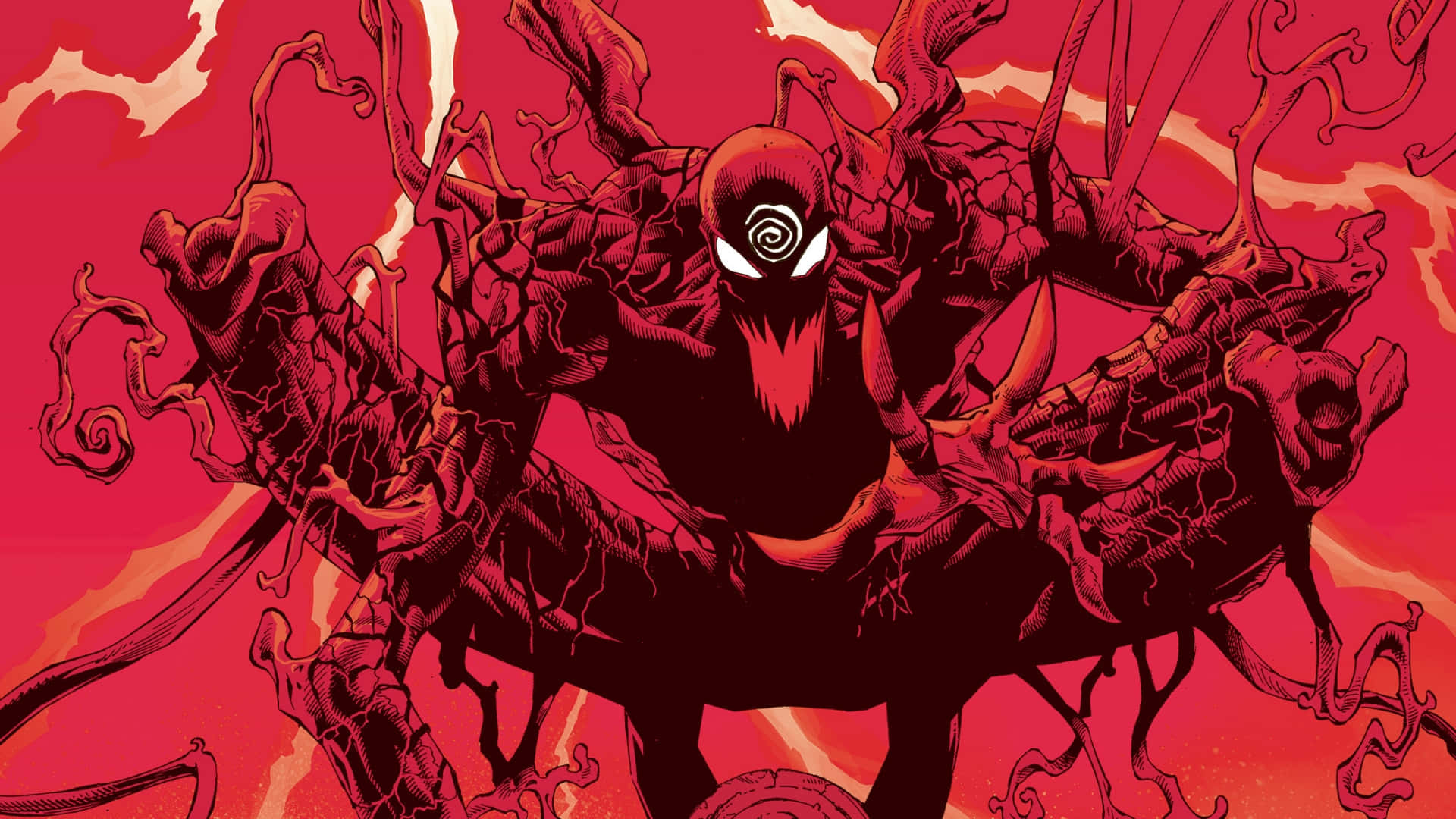 Maximum Carnage 桌布 壁紙 — 一個帶有白色眼睛和觸手的威脅性紅色共生體生物，在熾熱的紅色背景上爆發。