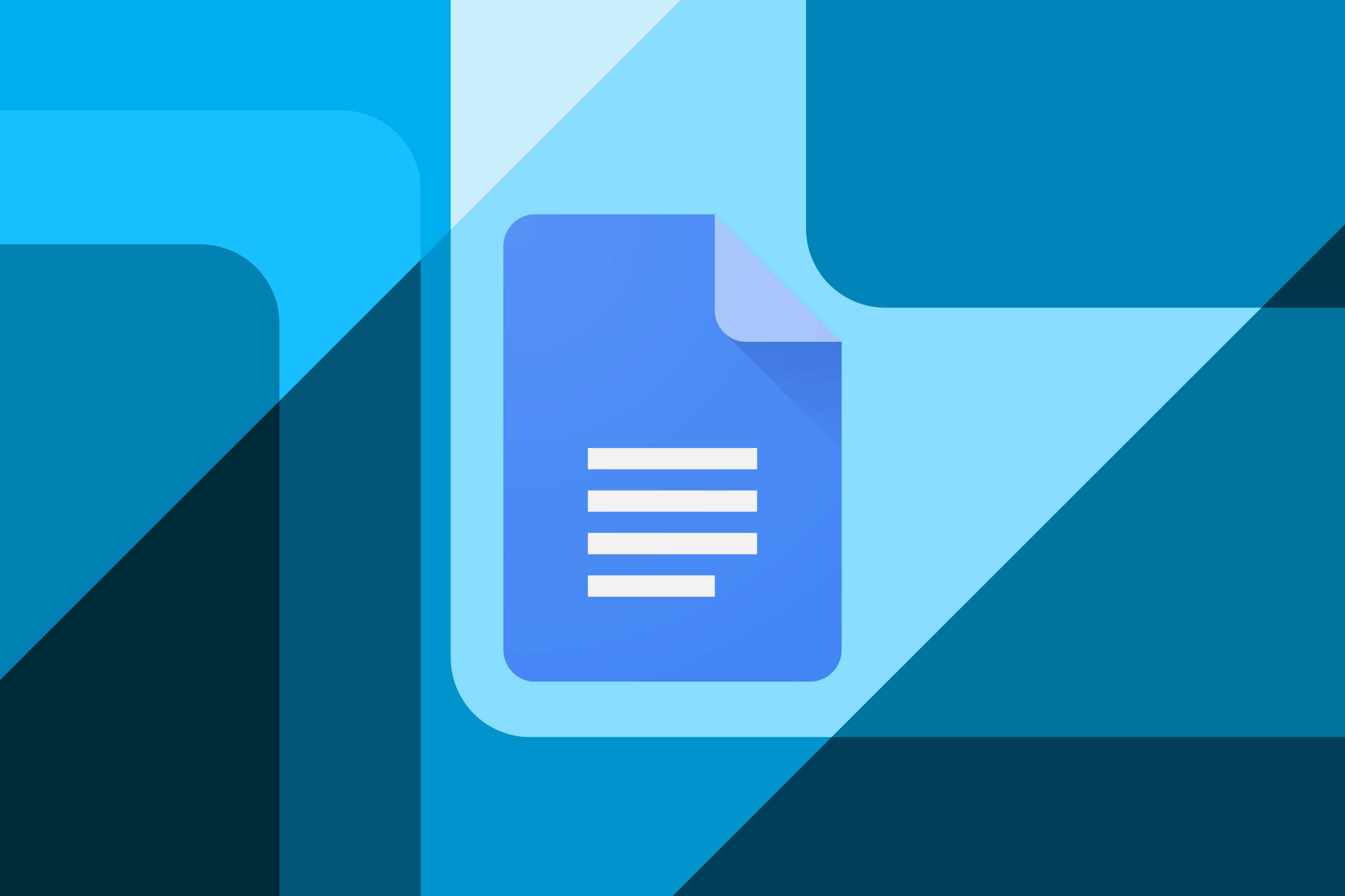 Google Docs 桌布 壁紙 — 一個帶有白色線條的藍色文件圖示，居中放置在帶有對角線形狀的幾何藍色背景上。