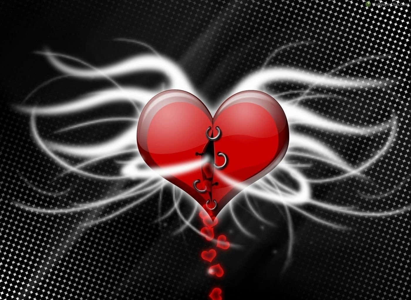 Broken Heart Black 桌布 壁紙 — 一個帶有白色羽毛翅膀的亮面紅色心形，以及正在墜落的心形碎片，背景為黑色圓點。
