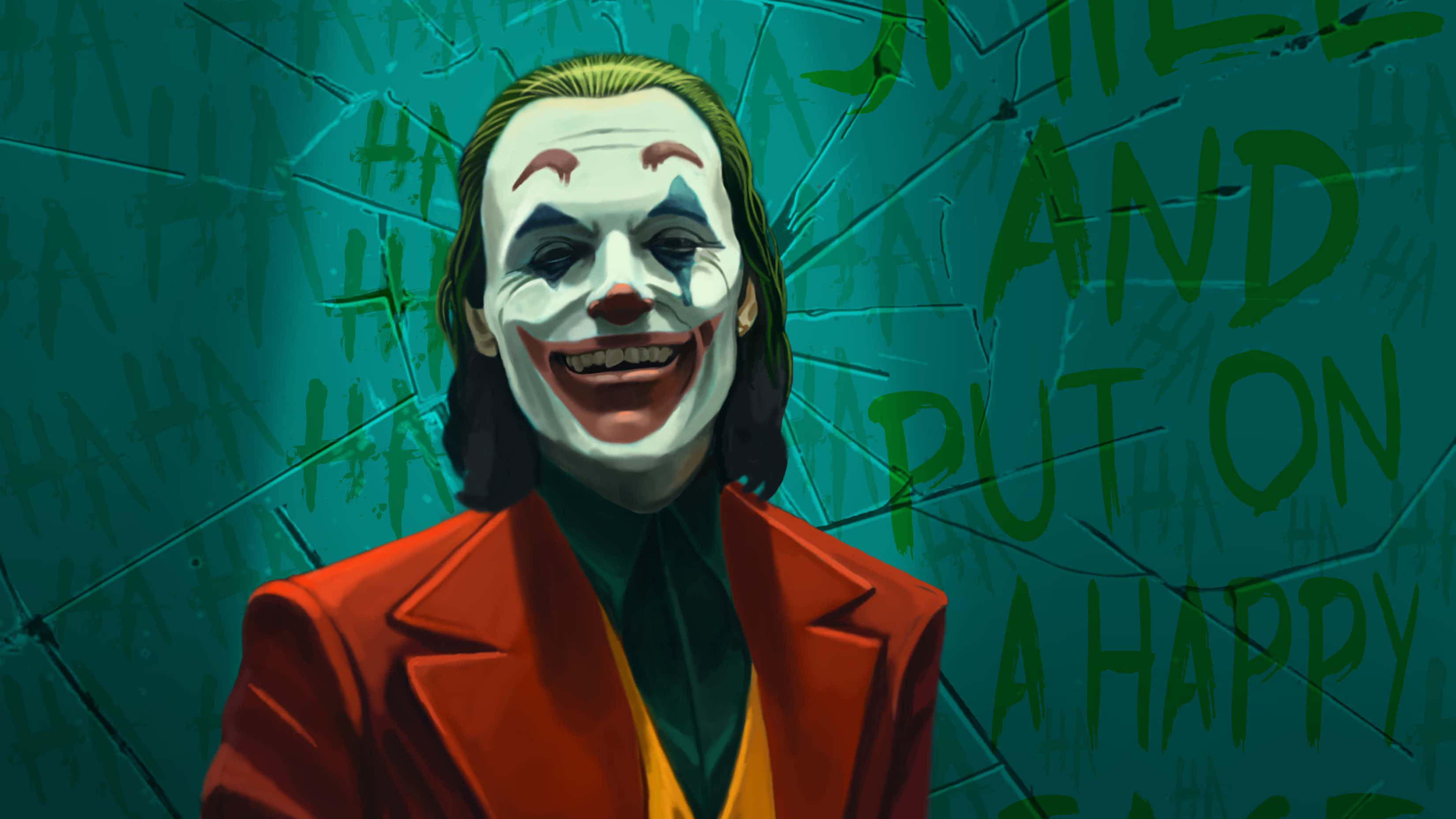 Joker Laughing 桌布 壁紙 — 一個帶有白色臉部塗料和紅色嘴唇的威脅性小丑，對著一面佈滿綠色塗鴉的裂紋青綠色牆壁露出燦爛的笑容。