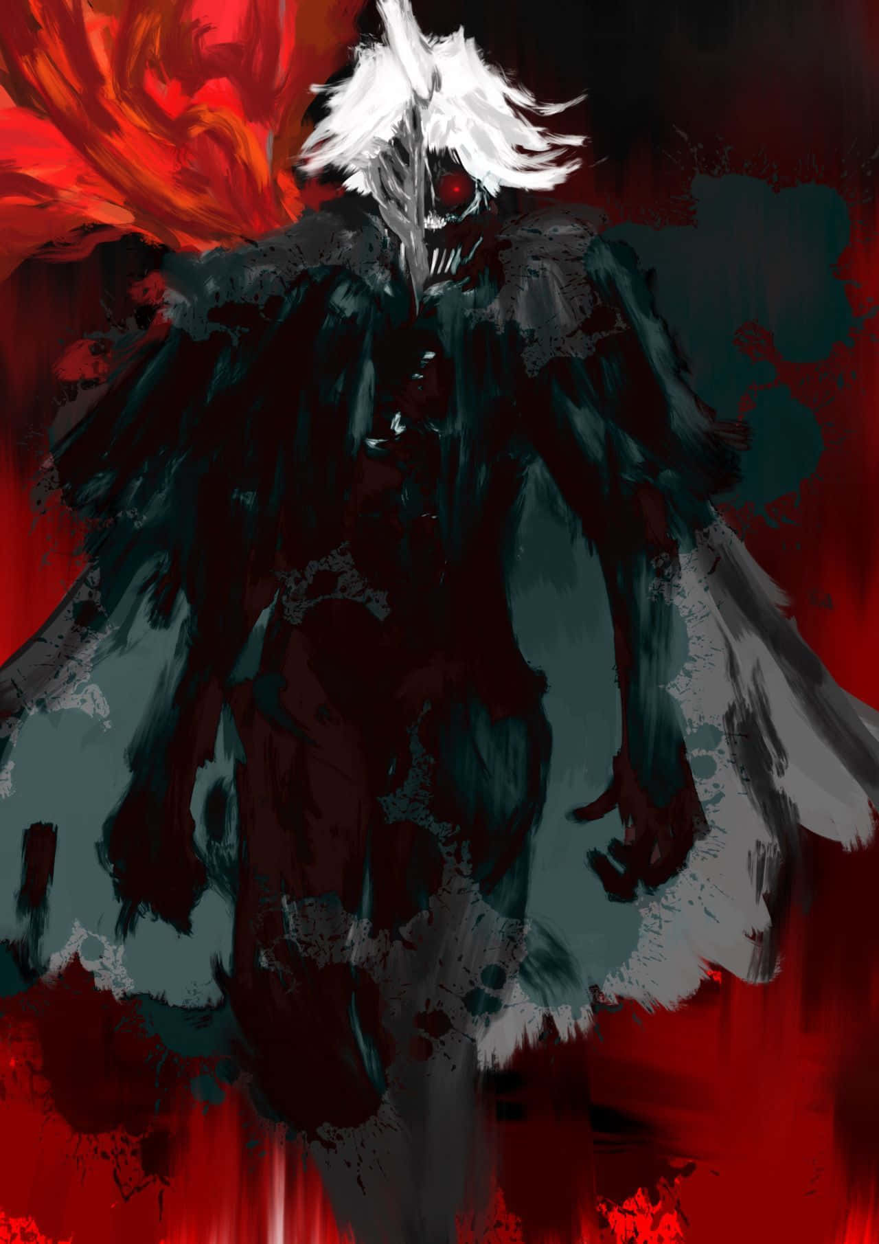 Seidou Takizawa 桌布 壁紙 — 一個帶有白色頭髮和紅色眼睛的威嚇性動漫風格人物，站在火紅和黑暗的背景前。