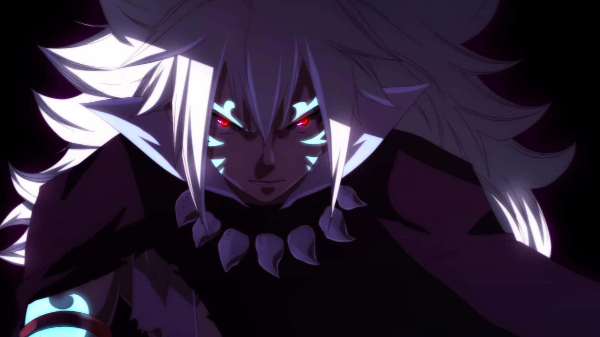 Acnologia 桌布 壁紙 — 一個帶有白髮、發光紅眼和尖牙的威脅性動漫角色，在黑暗背景下強烈凝視。