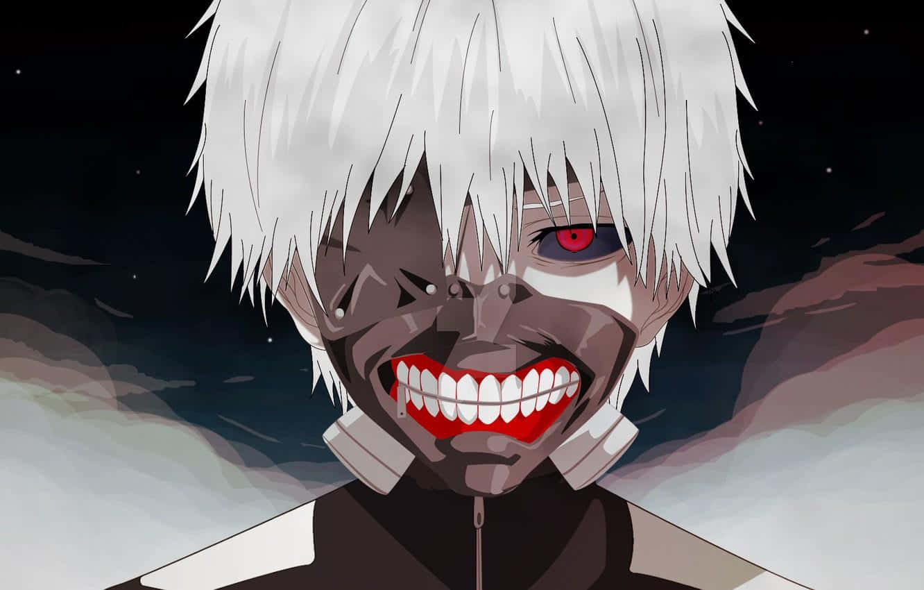 Kaneki's Mask 桌布 壁紙 — 一個帶有白髮、紅眼和咧嘴笑的可怖動漫角色，背景是星空夜空。