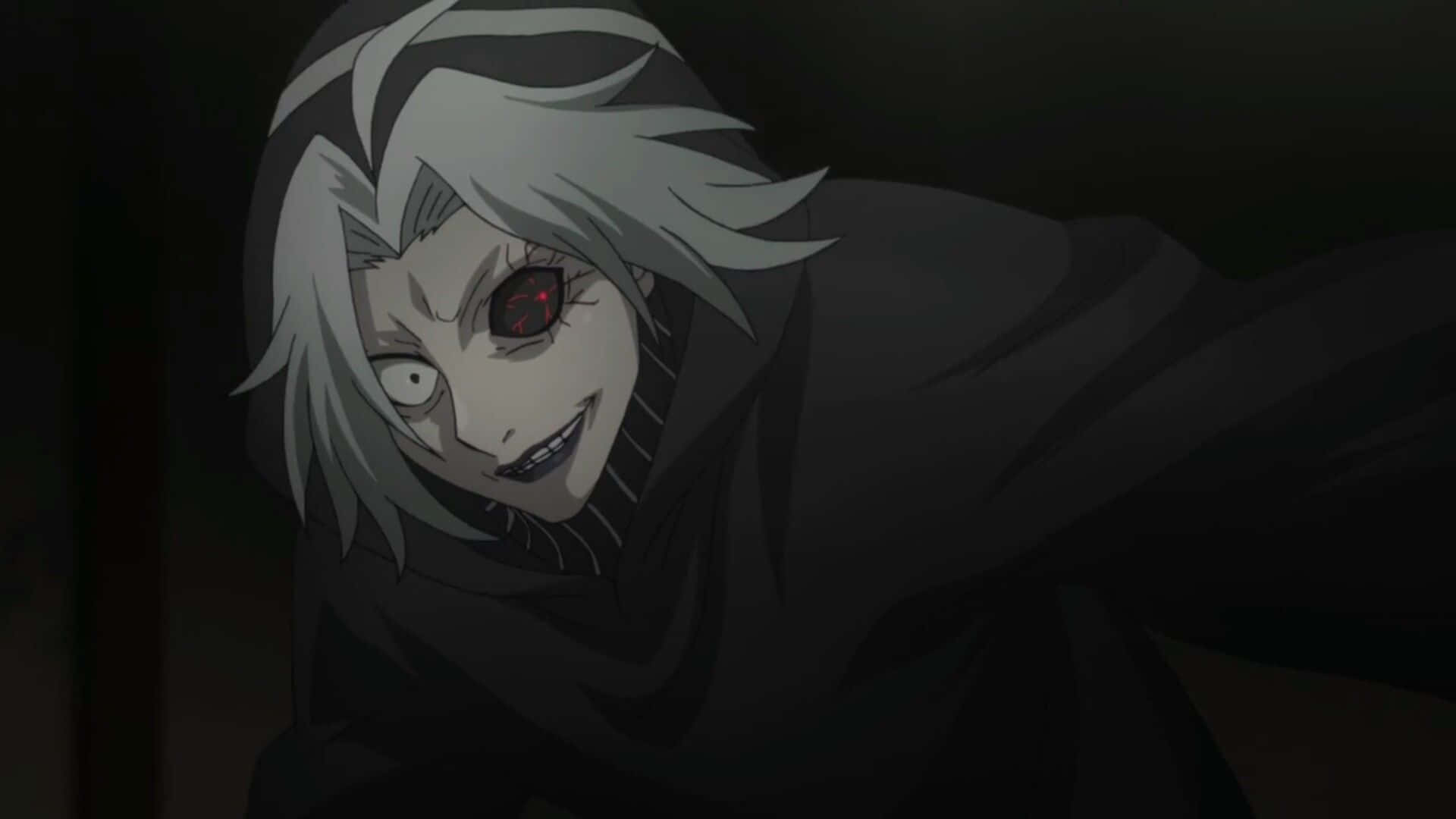 Seidou Takizawa 桌布 壁紙 — 一個帶有白髮和一隻發光紅眼的威脅性動漫角色在陰暗的黑暗中邪惡地微笑。