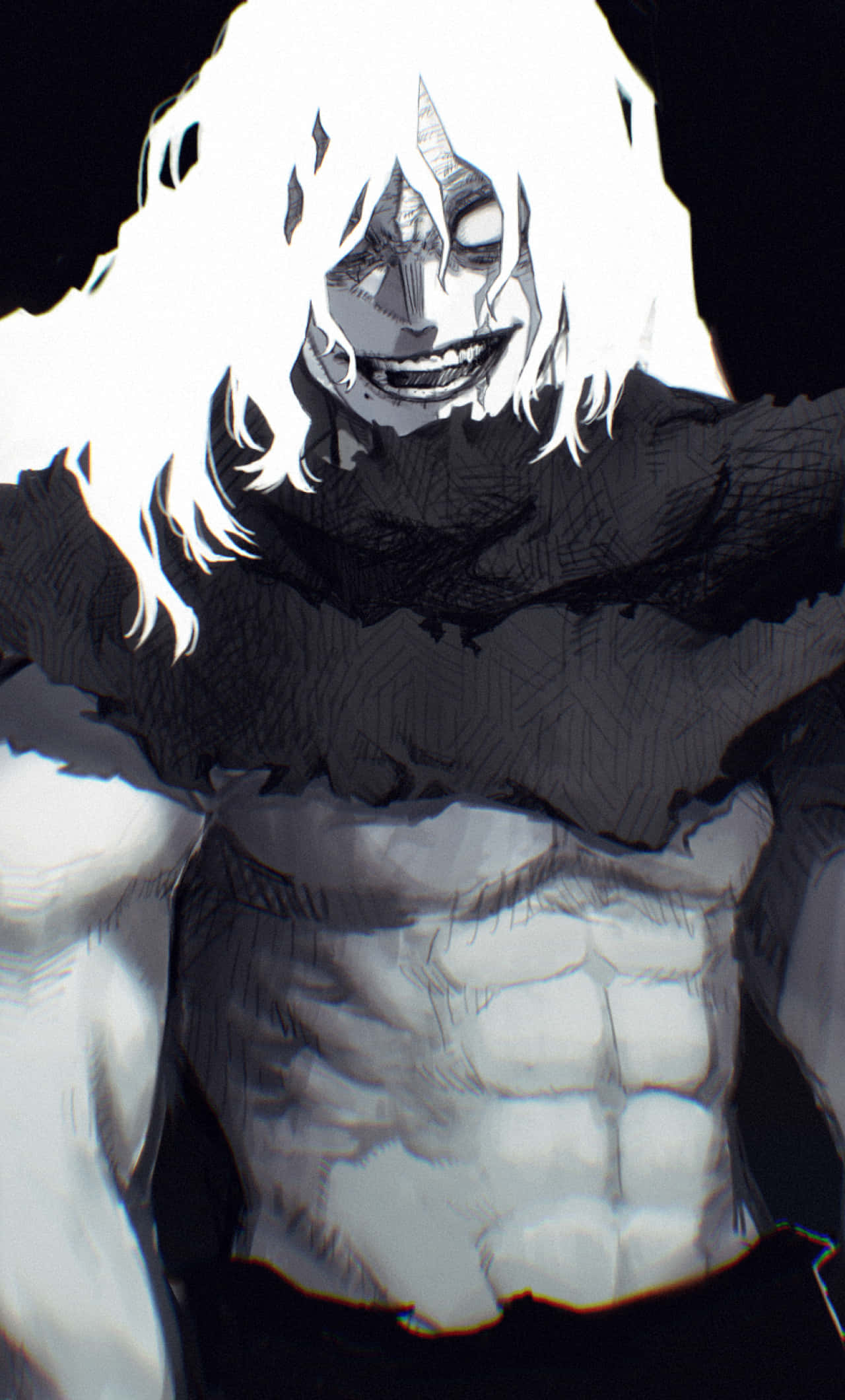 Tomura Shigaraki 桌布 壁紙 — 一個帶有白髮和咧嘴笑的可怖動漫角色，在黑暗背景下凝視著。