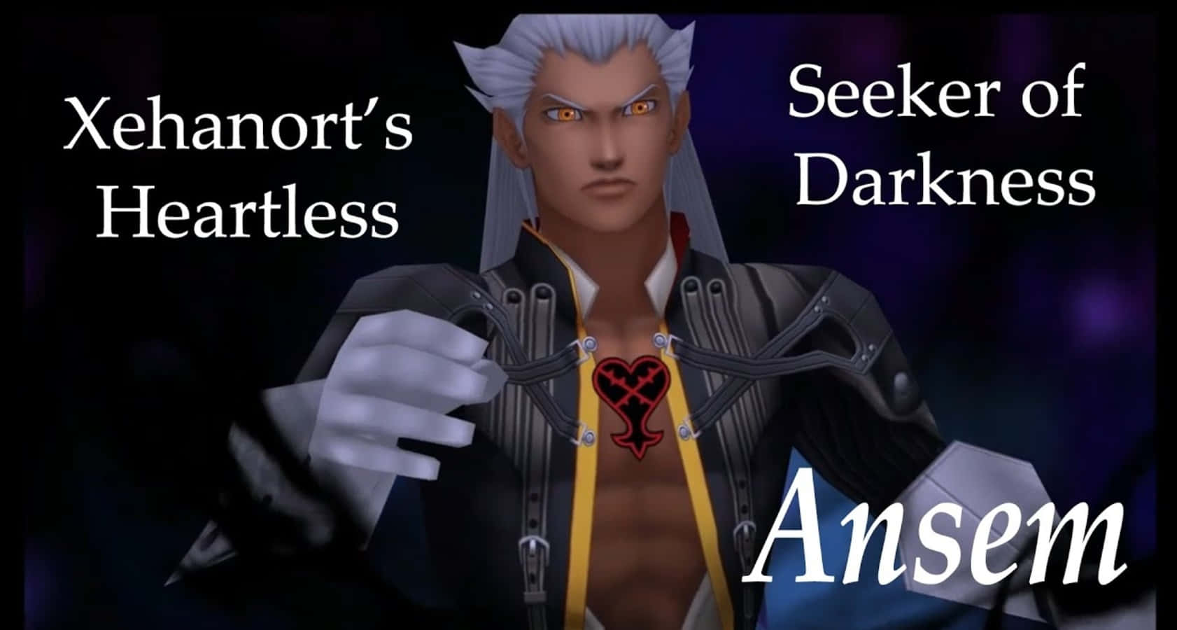 Ansem Seeker Of Darkness 桌布 壁紙 — 一個帶有白髮和發光橙色眼睛的威脅性動漫角色，穿著帶有紅色心形標誌的深色服裝，背景為紫色。