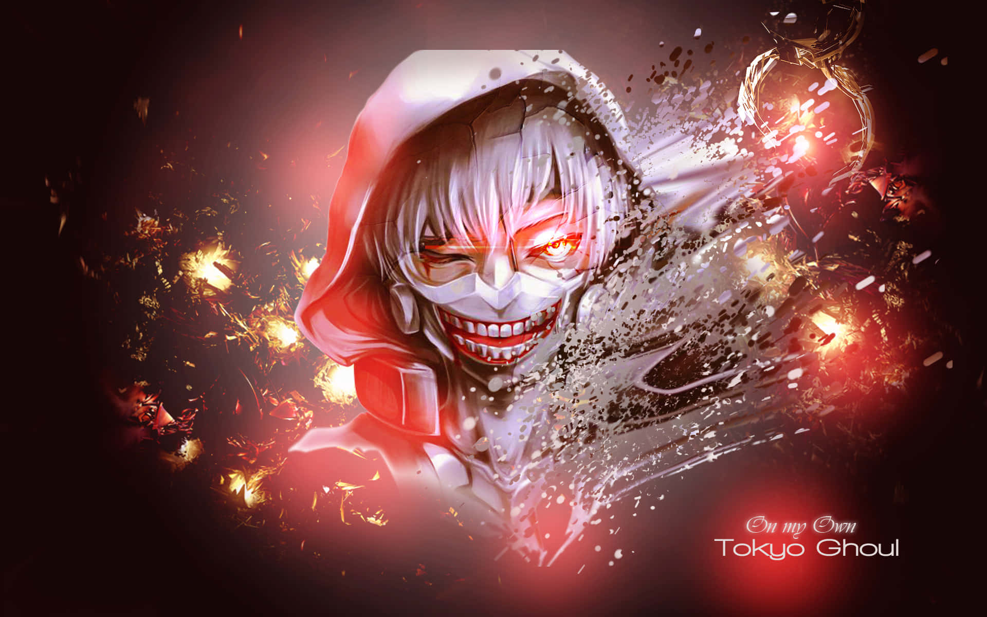 Kaneki's Mask 桌布 壁紙 — 一個帶有白髮和發光紅眼的威脅性動畫食屍鬼在黑暗背景中衝破熾熱的火花。