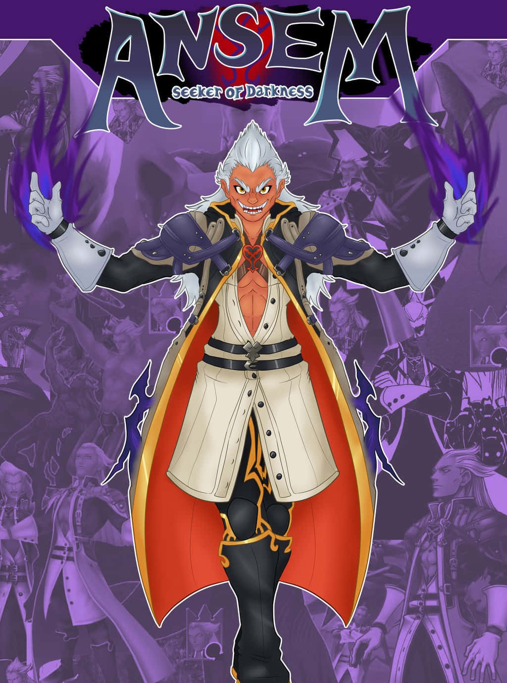Ansem Seeker Of Darkness 桌布 壁紙 — 一個帶有白髮和紅眼的威嚇性動漫角色，在充滿陰影人物的紫色背景前，以戲劇性的姿勢揮舞著紫色火焰。