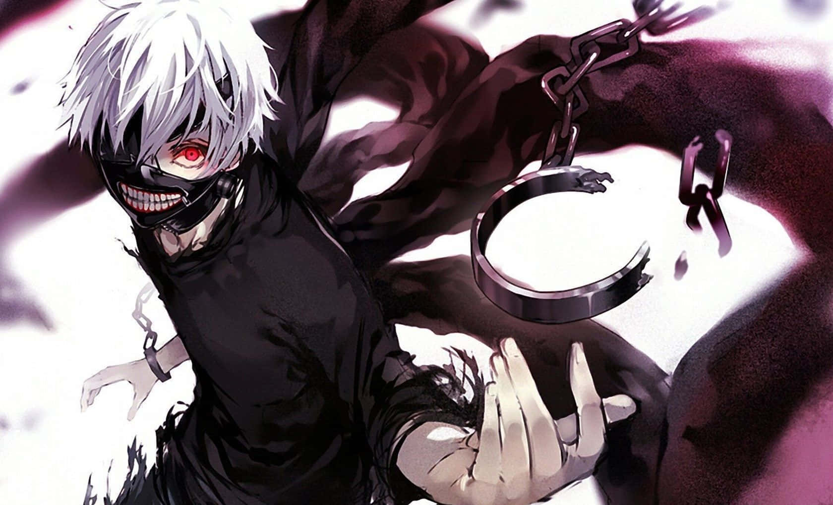 Horror Anime 桌布 壁紙 — 一個帶有白髮和紅眼的威脅性動漫角色，戴著黑色面具和鎖鏈，同時伸出一隻手。