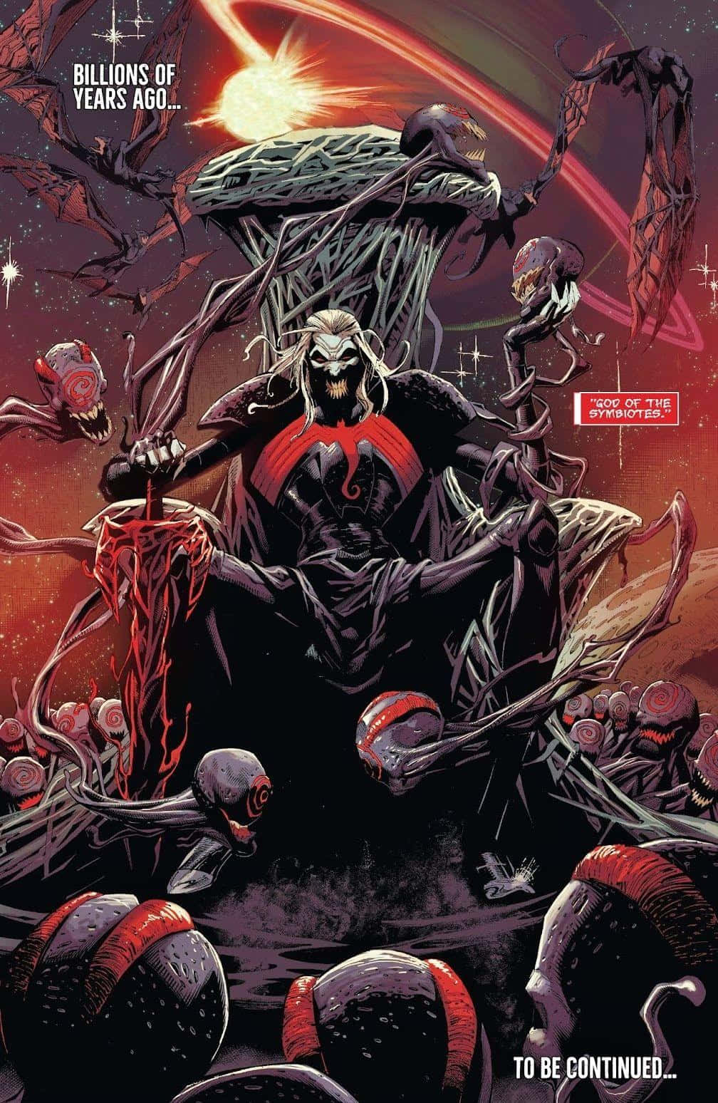 Symbiote 桌布 壁紙 — 一個帶有白髮和紅色標記的威脅性宇宙實體，坐在共生體的王座上，背景是熾熱的星雲。