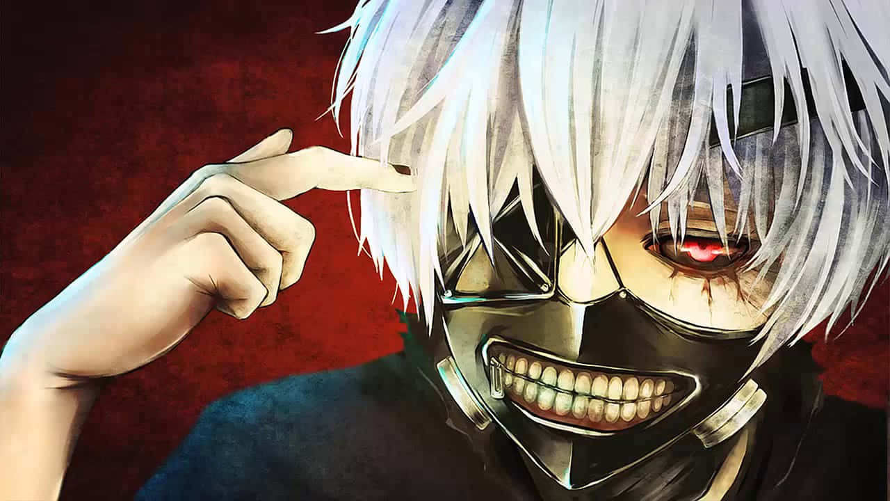 Kaneki's Mask 桌布 壁紙 — 一個帶有白髮和金屬面具的威脅性動漫角色，在血紅色的背景上指著自己的頭。