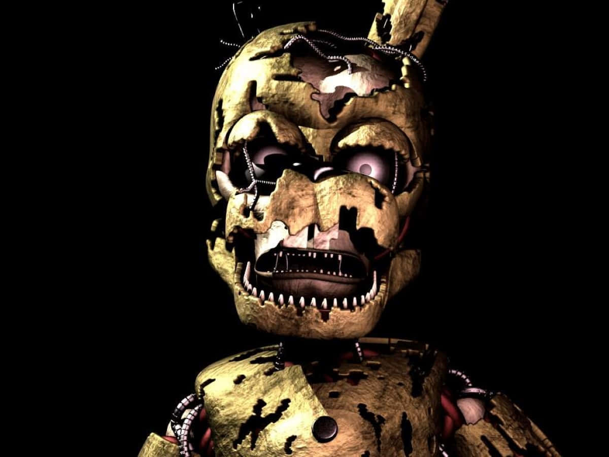 Scraptrap 桌布 壁紙 — 一個帶有破碎面孔和尖銳牙齒的威脅性金色機械人偶，在黑色背景前怒視。