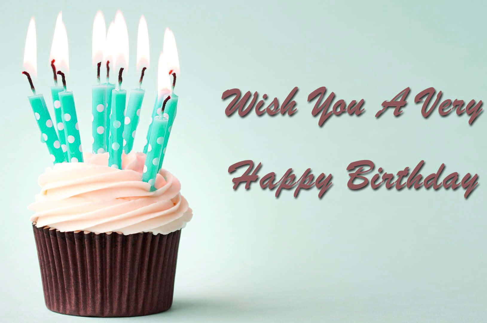 Birthday Wishes 桌布 壁紙 — 一個帶有粉紅色糖霜和青綠色圓點蠟燭點燃的杯子蛋糕，背景是柔和的薄荷色，並有生日文字。
